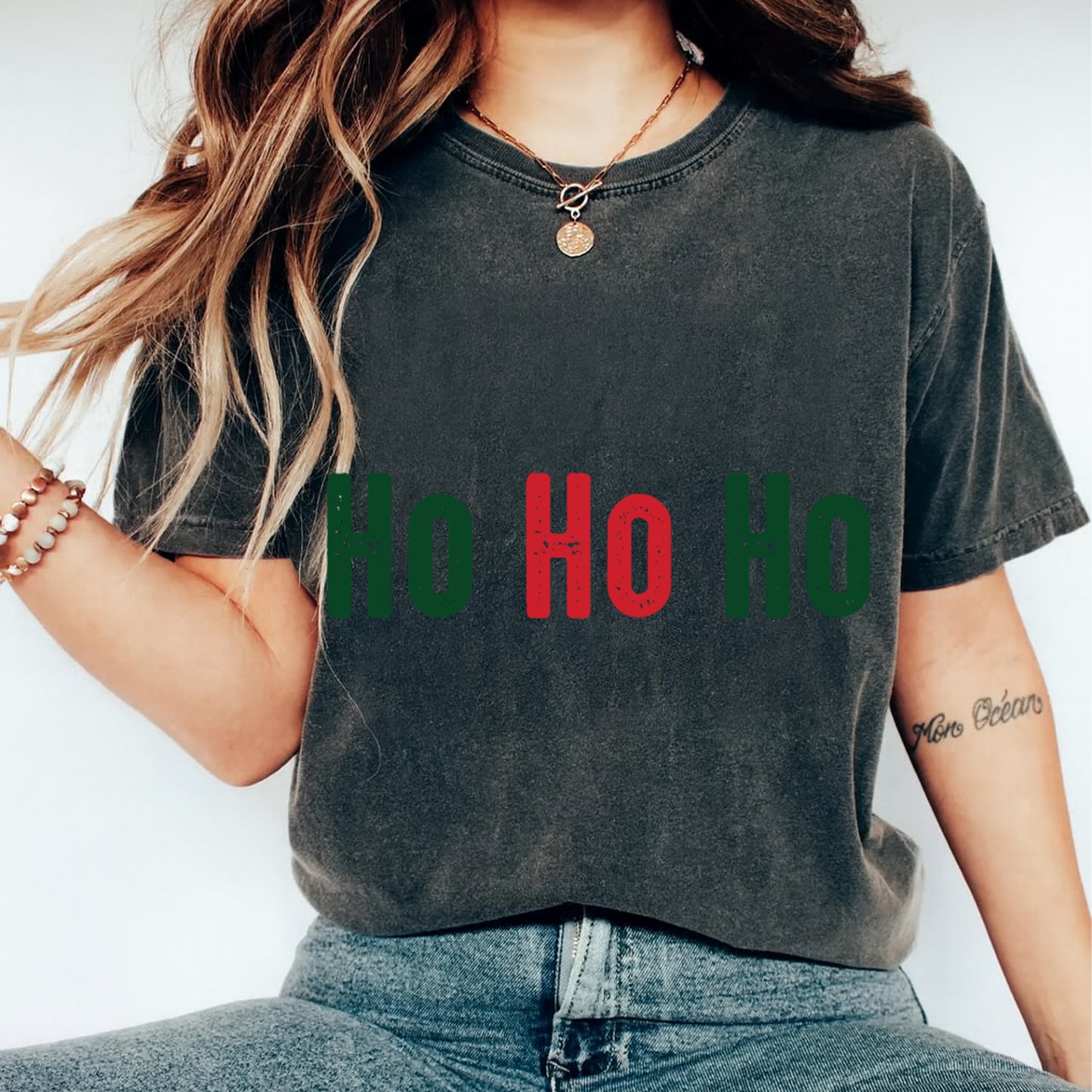 Christmas DTF Transfer – Red & Green Ho Ho Ho Text Ready to Press Iron On Heat Transfer for DIY Shirts 11725