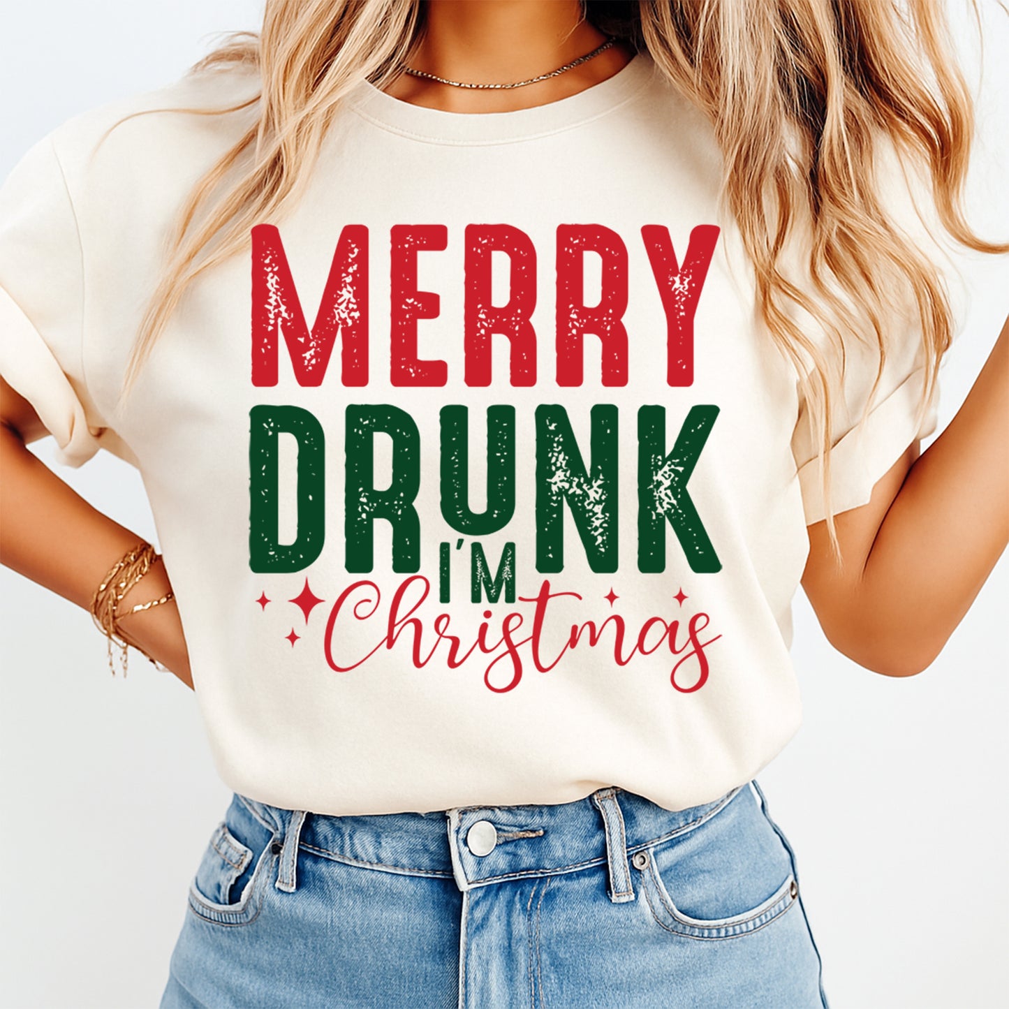 Christmas DTF Transfer – Merry Drunk I’m Christmas Text Ready to Press Iron On Heat Transfer for DIY Shirts 11726