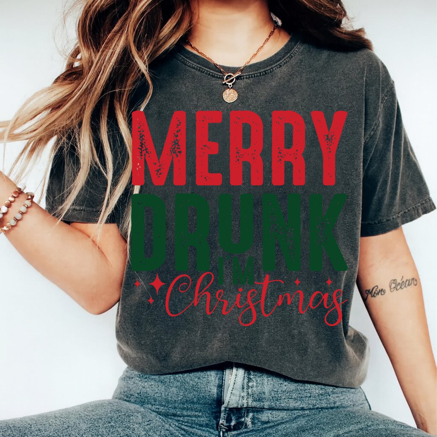 Christmas DTF Transfer – Merry Drunk I’m Christmas Text Ready to Press Iron On Heat Transfer for DIY Shirts 11726