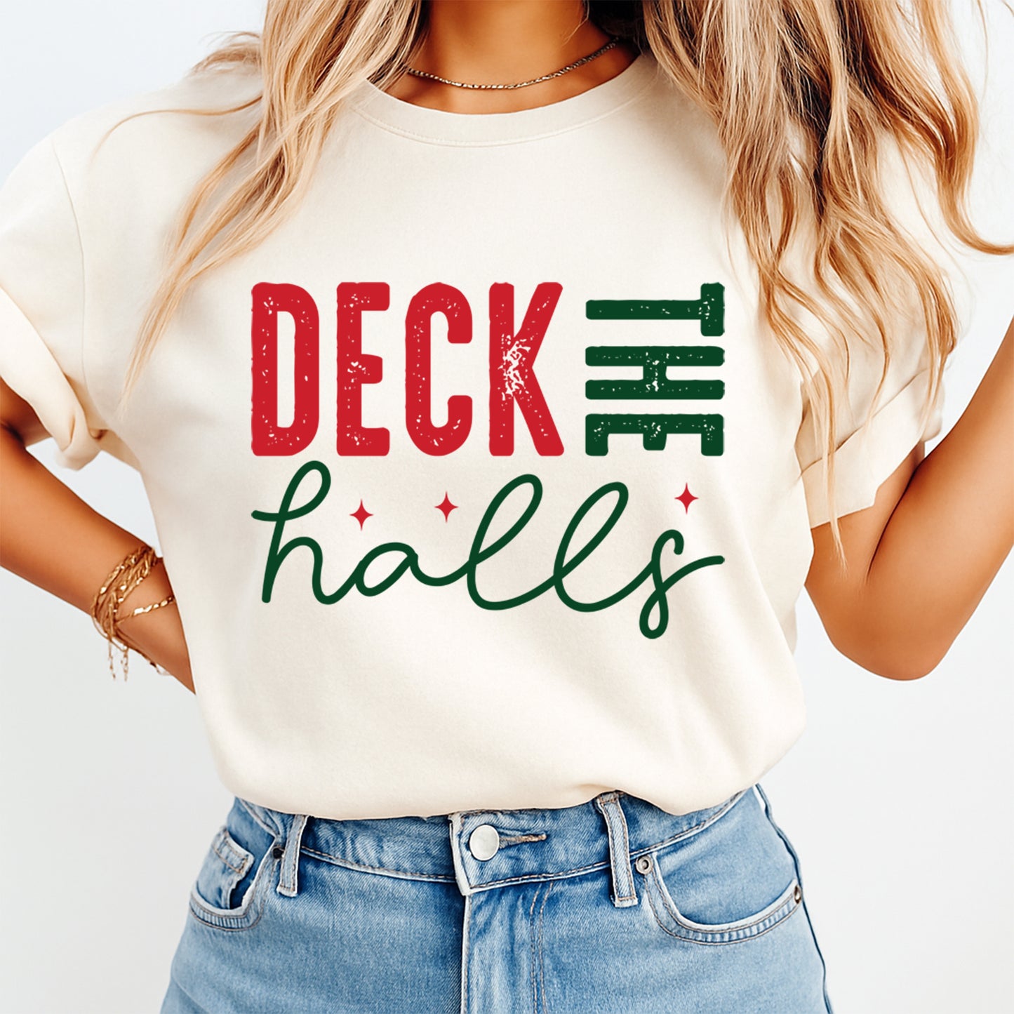 Christmas DTF Transfer – Deck the Halls Red & Green Lettering Ready to Press Iron On Heat Transfer for DIY Shirts 11728