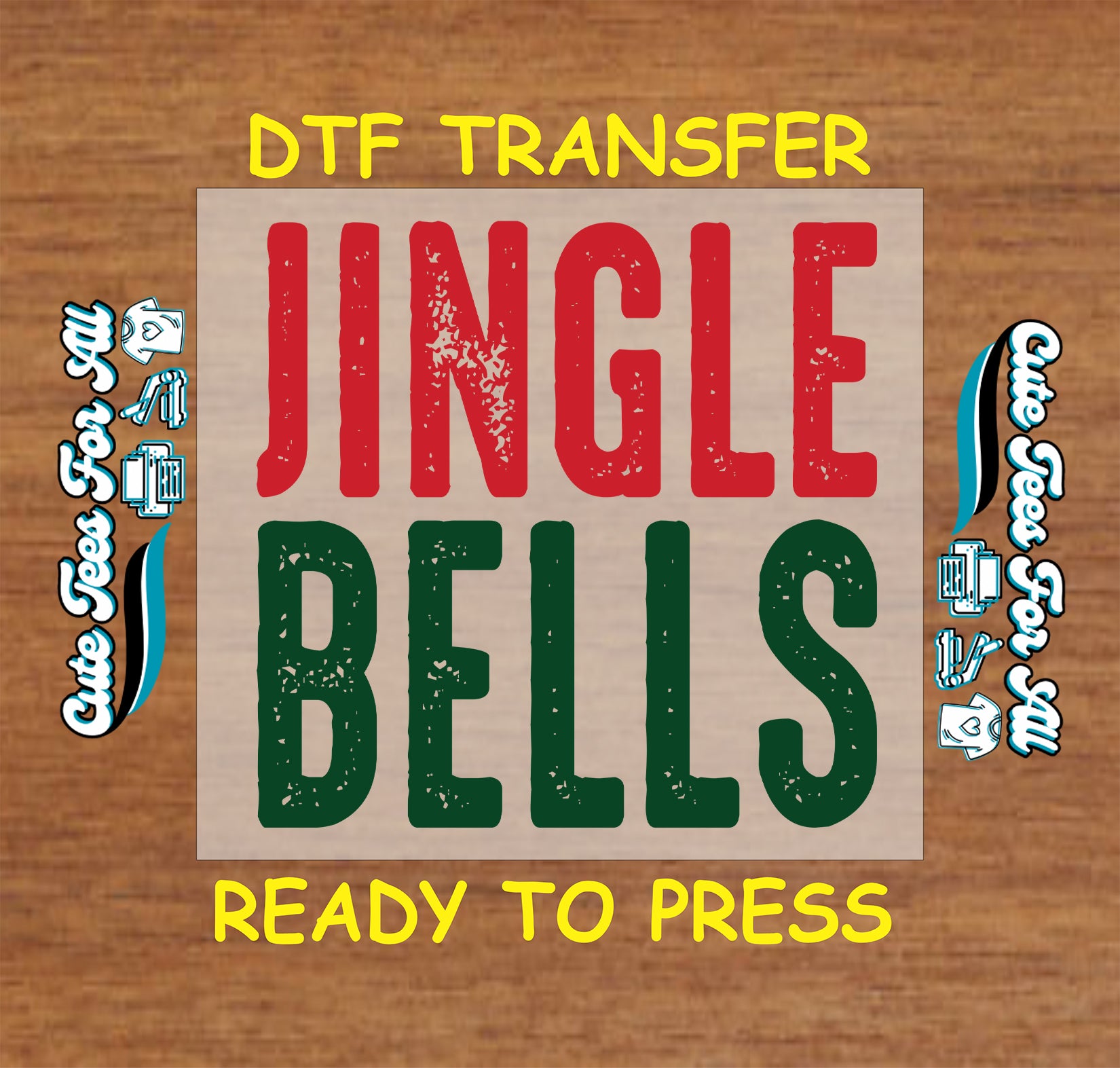 Jingle Bells Christmas phrase in red and green distressed lettering ready to press dtf iron on heat transfer for DIY shirts
