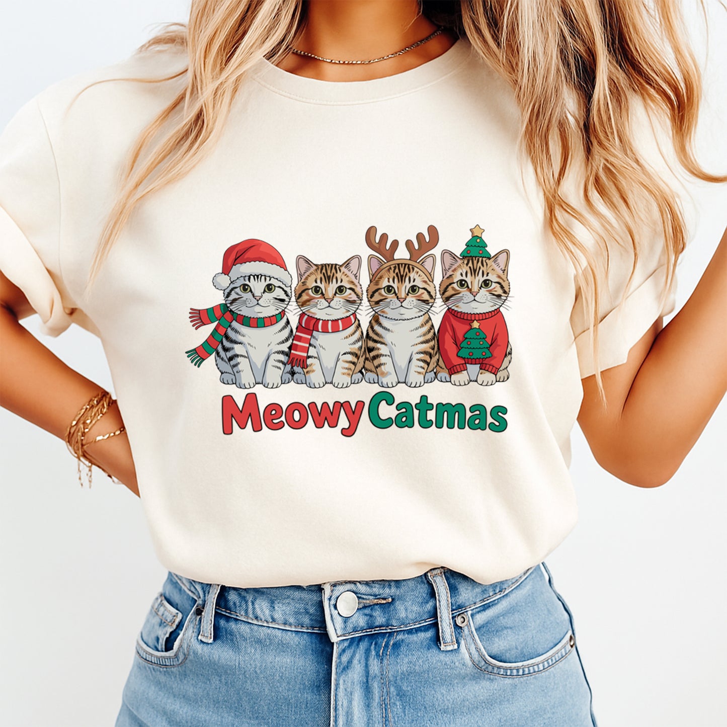 Christmas DTF Transfer – Meowy Catmas Cats in Santa Hats Ready to Press Iron On Heat Transfer for DIY Shirts 11733