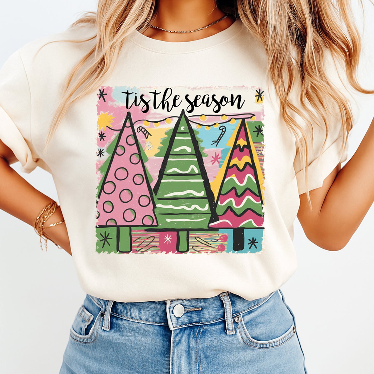 Christmas DTF Transfer – ’Tis the Season Retro Colorful Christmas Trees Ready to Press Iron On Heat Transfer for DIY Shirts 11734