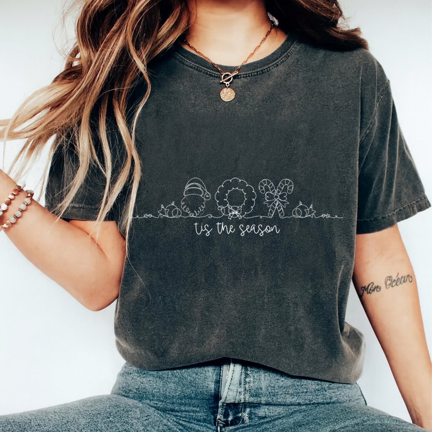 Christmas DTF Transfer – Minimalist White Outline ’Tis the Season Icons Ready to Press Iron On Heat Transfer for DIY Shirts 11736