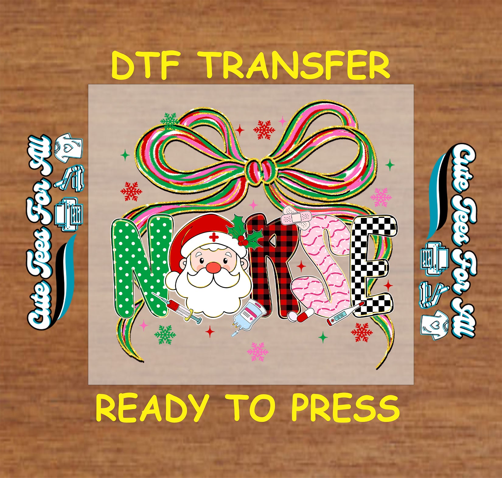 Christmas nurse Santa DTF transfer with holiday bow, syringes, and festive patterns, ready to press iron on heat transfer for DIY shirts.