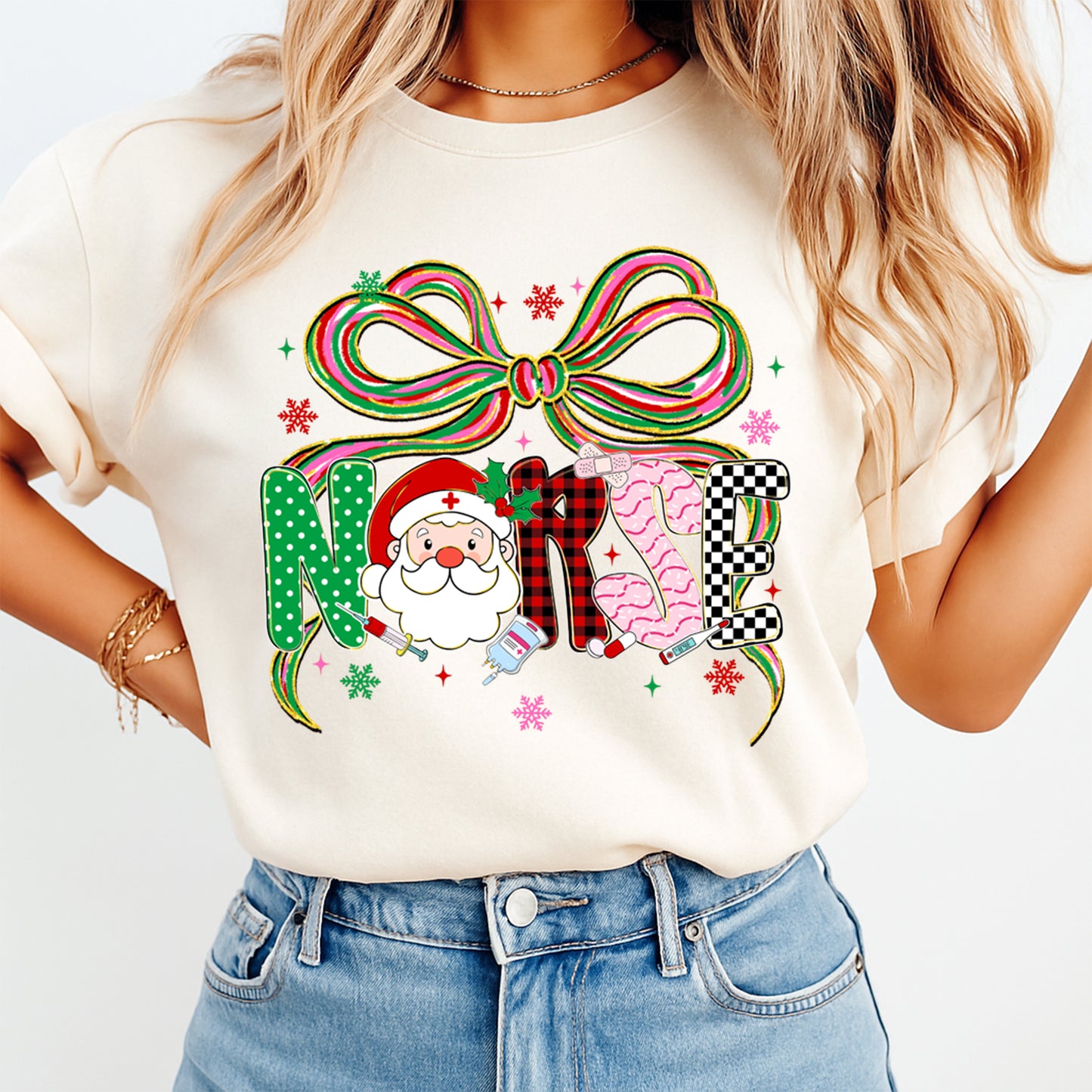 Christmas DTF Transfer – Nurse Santa with Holiday Bow & Medical Icons Ready to Press Iron On Heat Transfer for DIY Shirts 11738