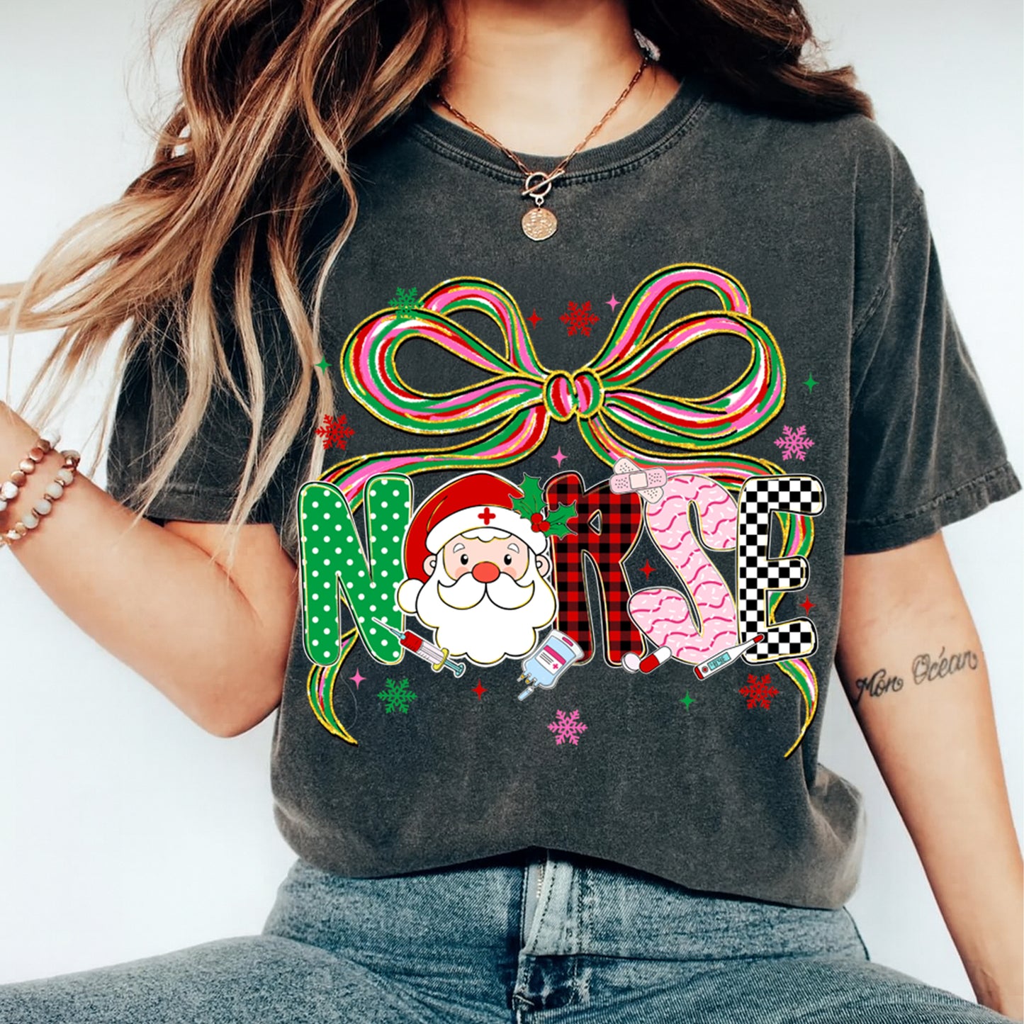 Christmas DTF Transfer – Nurse Santa with Holiday Bow & Medical Icons Ready to Press Iron On Heat Transfer for DIY Shirts 11738