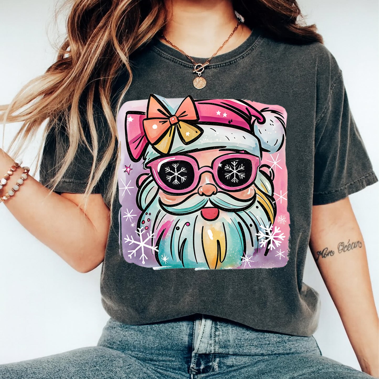 Christmas DTF Transfer – Retro Santa with Pink Sunglasses & Bow Ready to Press Iron On Heat Transfer for DIY Shirts 11740