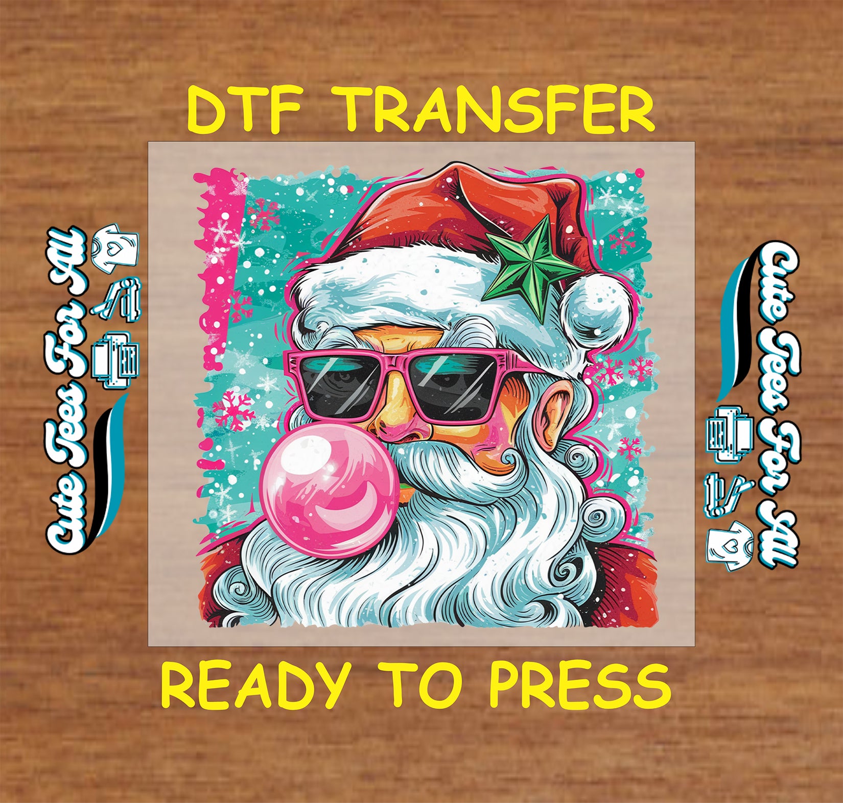 Cool Santa with sunglasses and bubblegum Christmas DTF transfer, ready to press iron on heat transfer for DIY shirts.