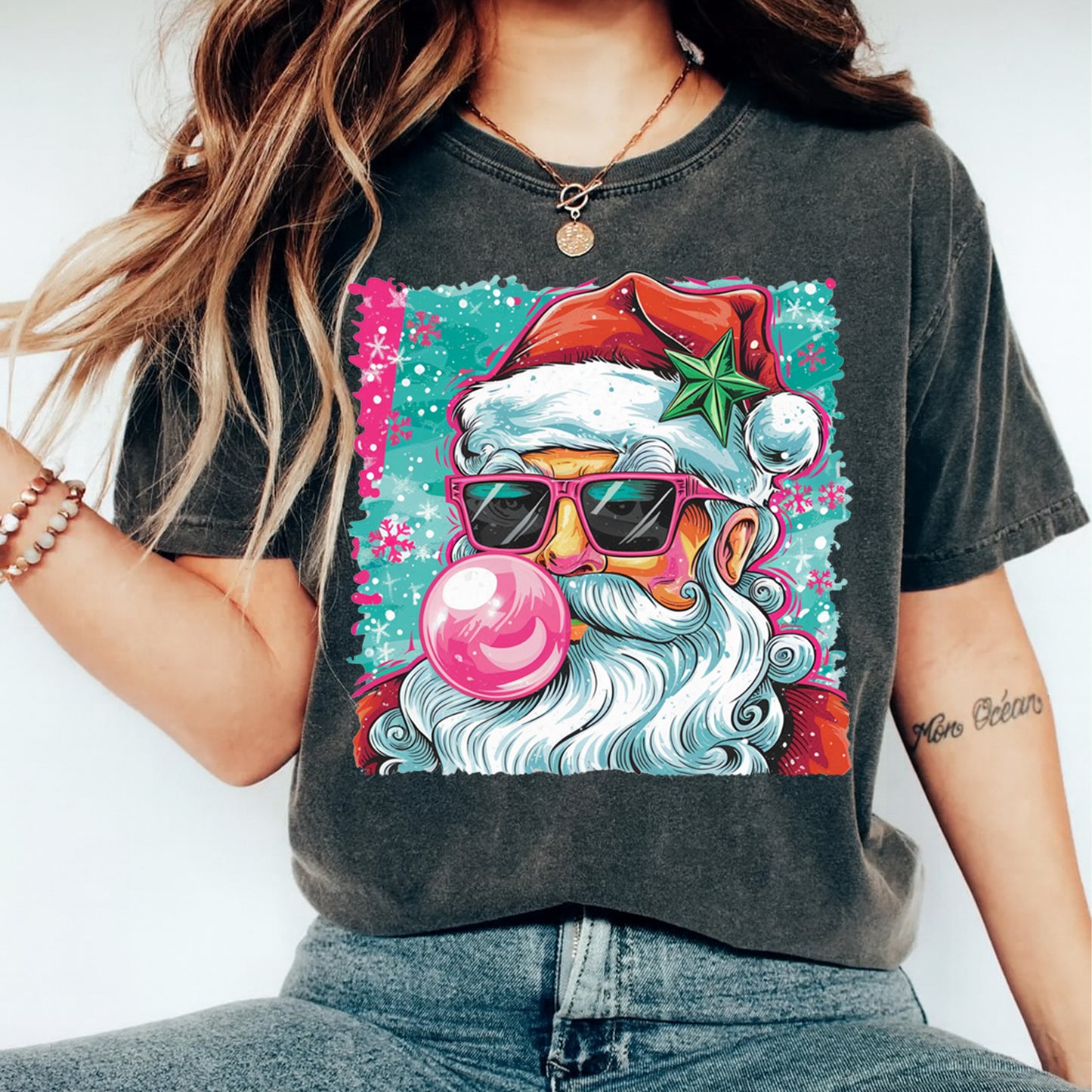 Christmas DTF Transfer – Cool Santa with Sunglasses & Bubblegum Ready to Press Iron On Heat Transfer for DIY Shirts 11741