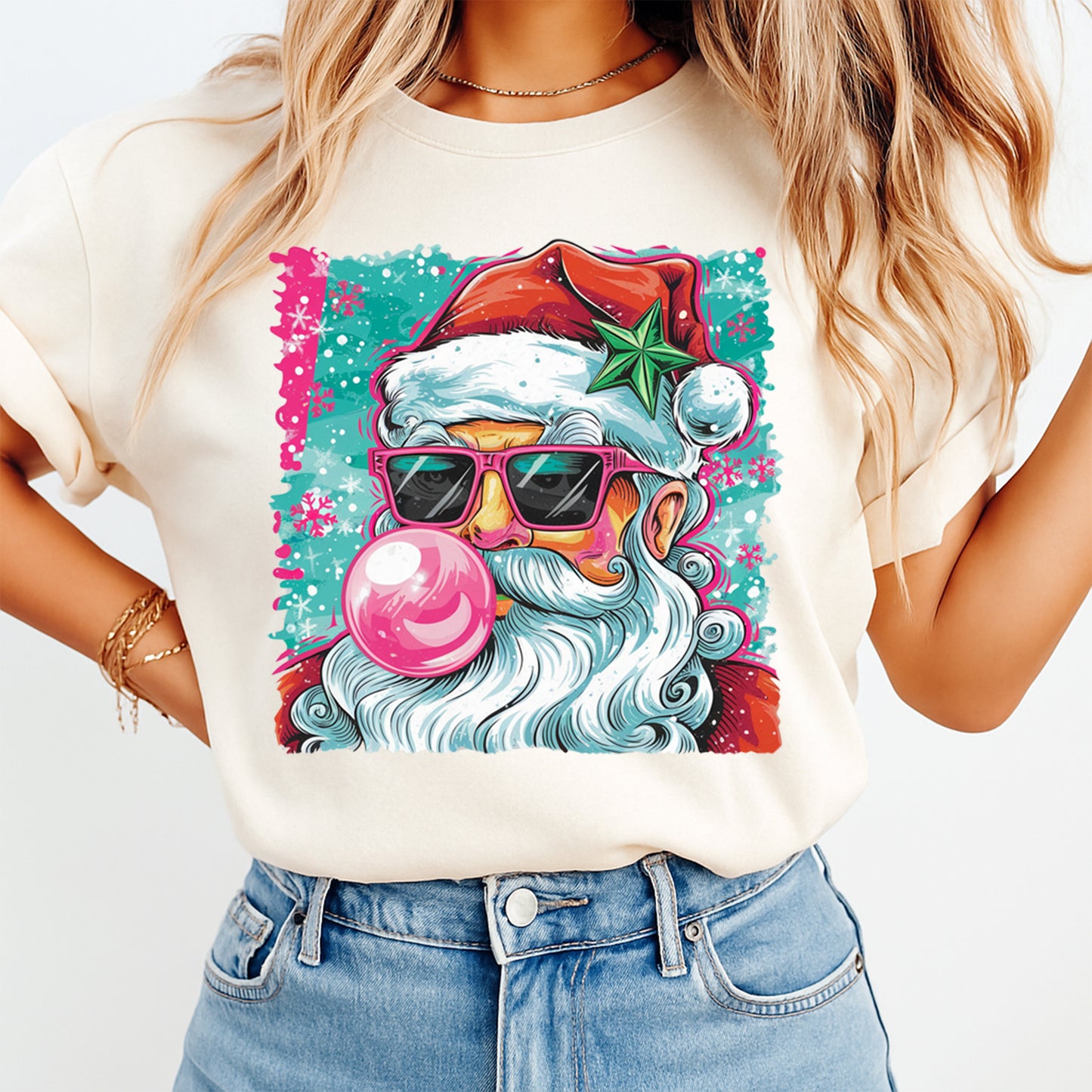 Christmas DTF Transfer – Cool Santa with Sunglasses & Bubblegum Ready to Press Iron On Heat Transfer for DIY Shirts 11741