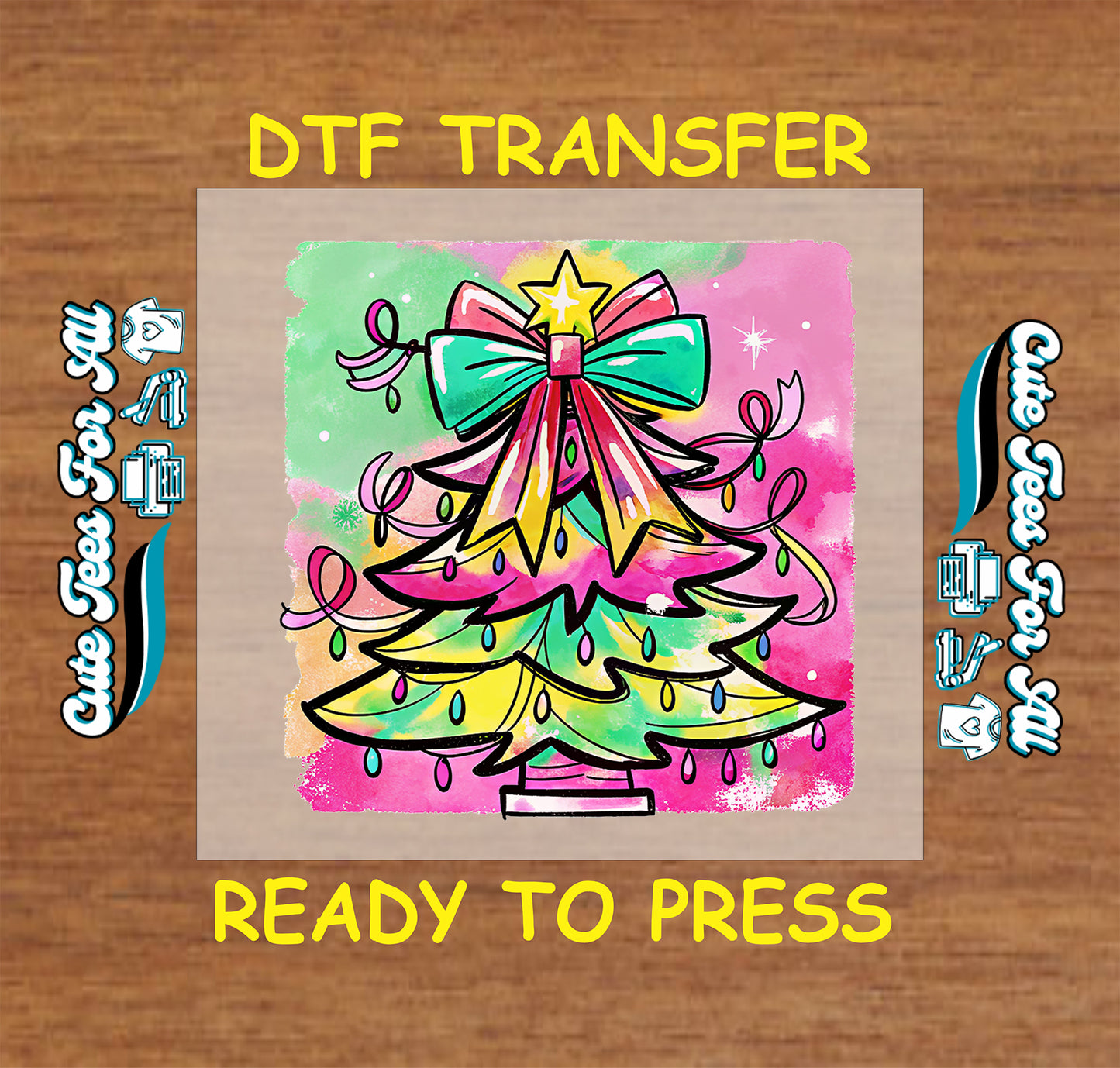 Colorful pastel Christmas tree with bow and lights DTF transfer, ready to press iron on heat transfer for DIY shirts.