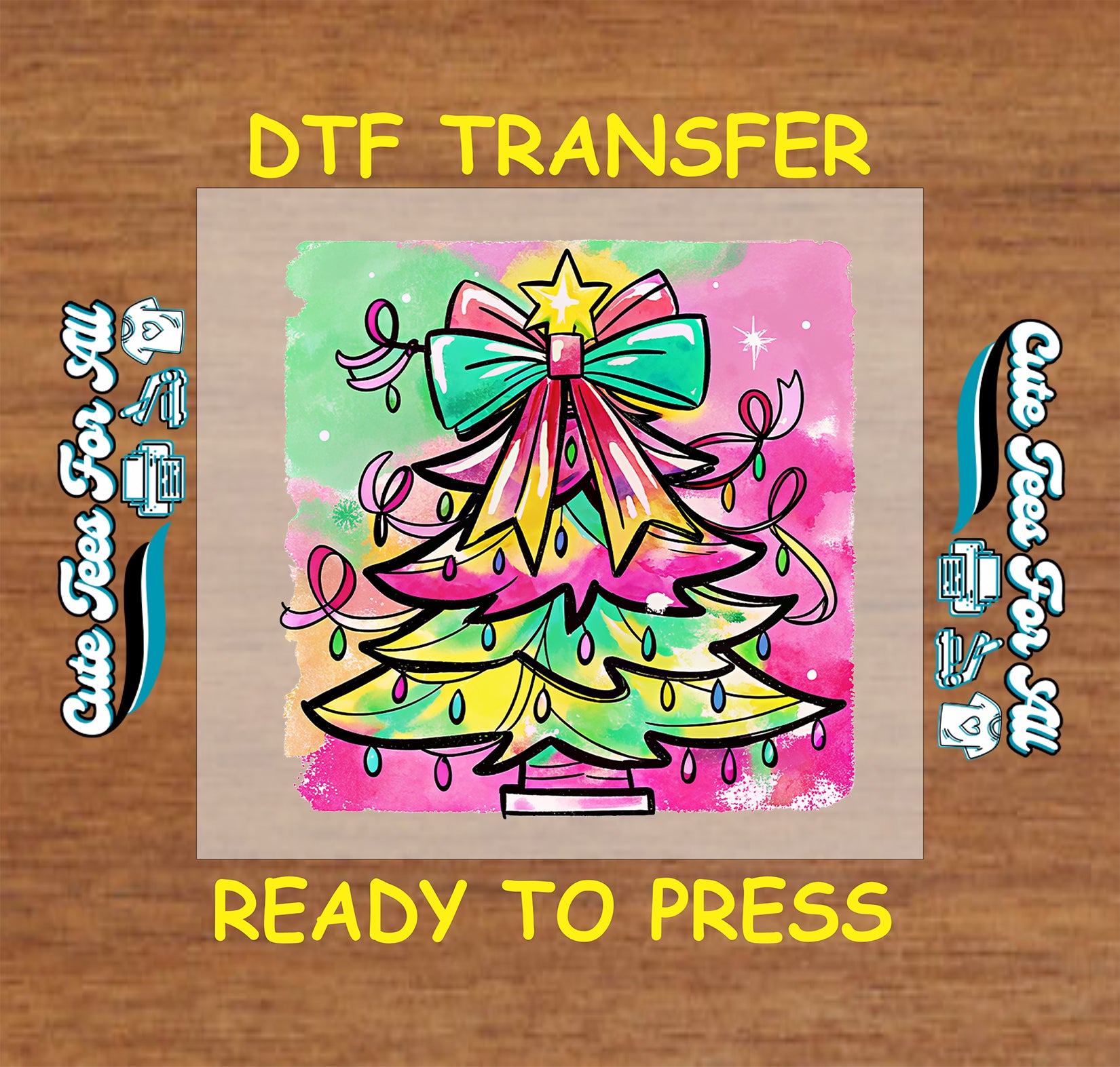 Colorful pastel Christmas tree with bow and lights DTF transfer, ready to press iron on heat transfer for DIY shirts.