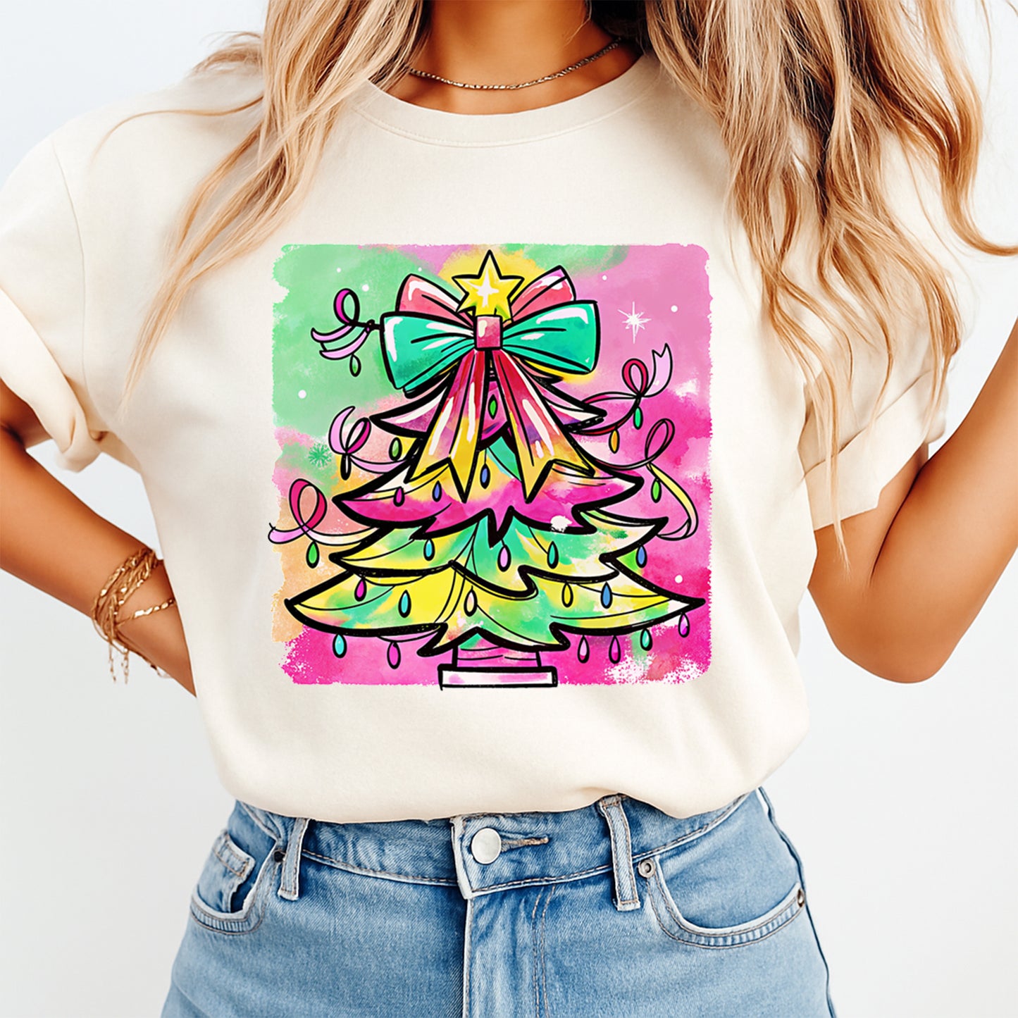 Christmas DTF Transfer – Bright Pastel Christmas Tree with Bow & Lights Ready to Press Iron On Heat Transfer for DIY Shirts 11743