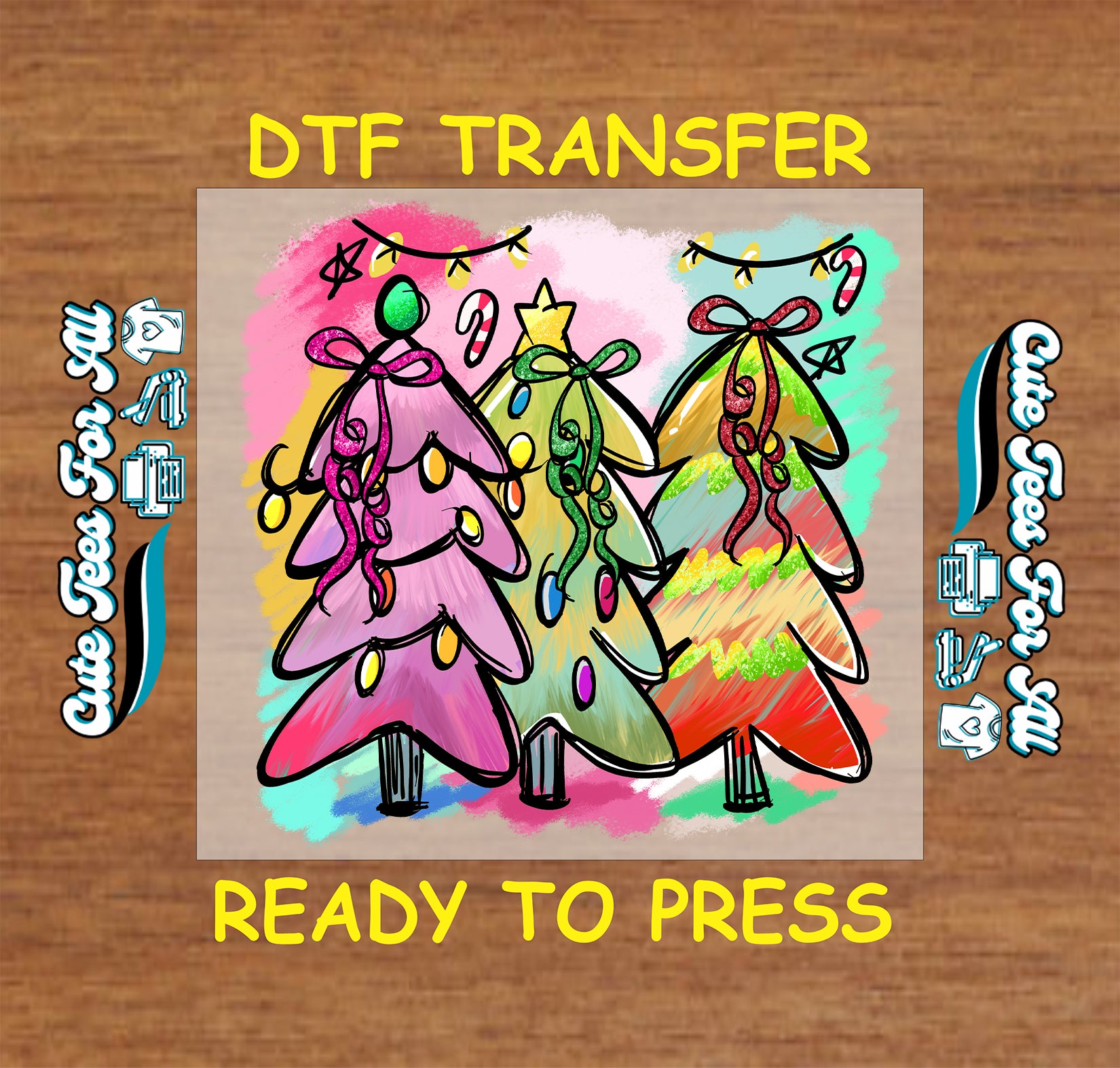 Colorful trio of pastel Christmas trees with bows and lights, ready to press DTF iron on heat transfer for DIY shirts.