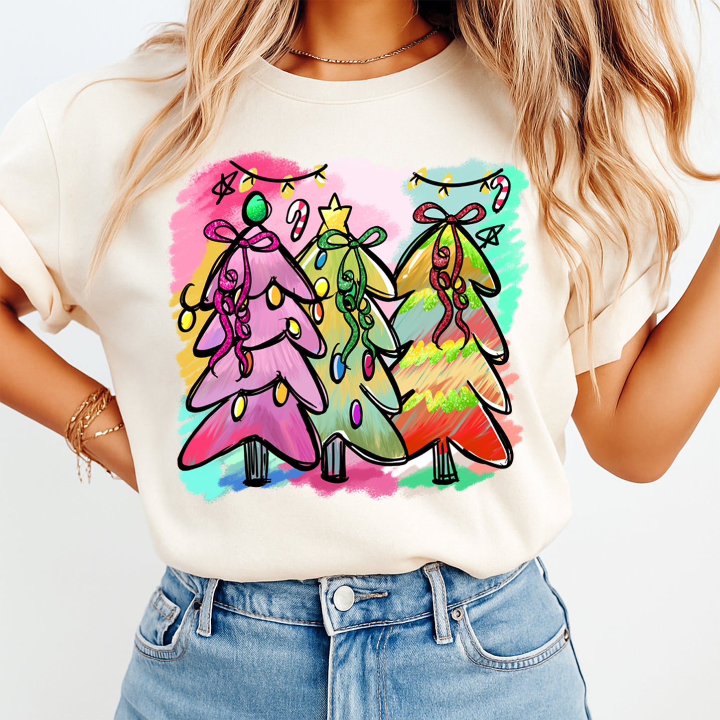 Christmas DTF Transfer – Colorful Trio Christmas Trees with Lights & Bows Ready to Press Iron On Heat Transfer for DIY Shirts 11744