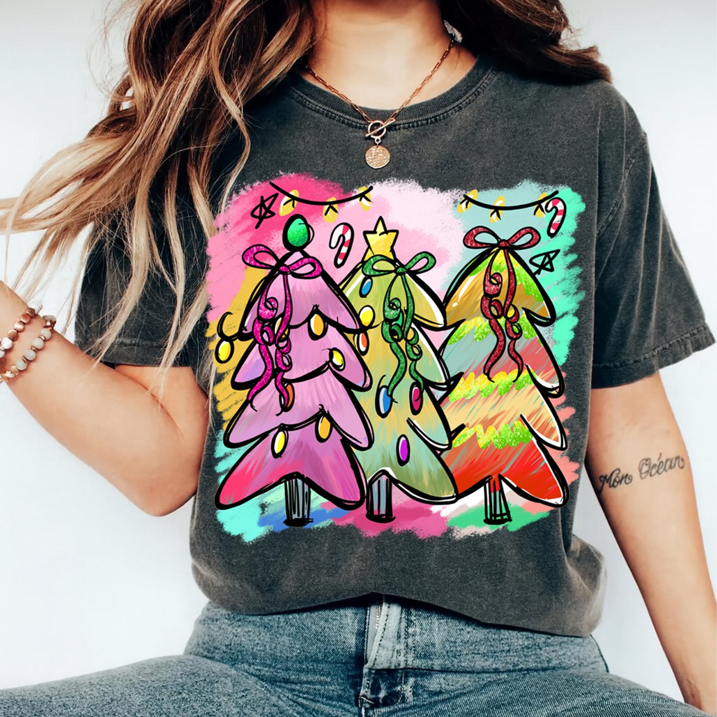 Christmas DTF Transfer – Colorful Trio Christmas Trees with Lights & Bows Ready to Press Iron On Heat Transfer for DIY Shirts 11744