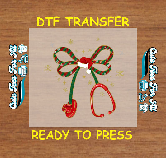 nurse stethoscope bow with santa hat christmas ready to press dtf transfer iron on heat transfer diy shirts