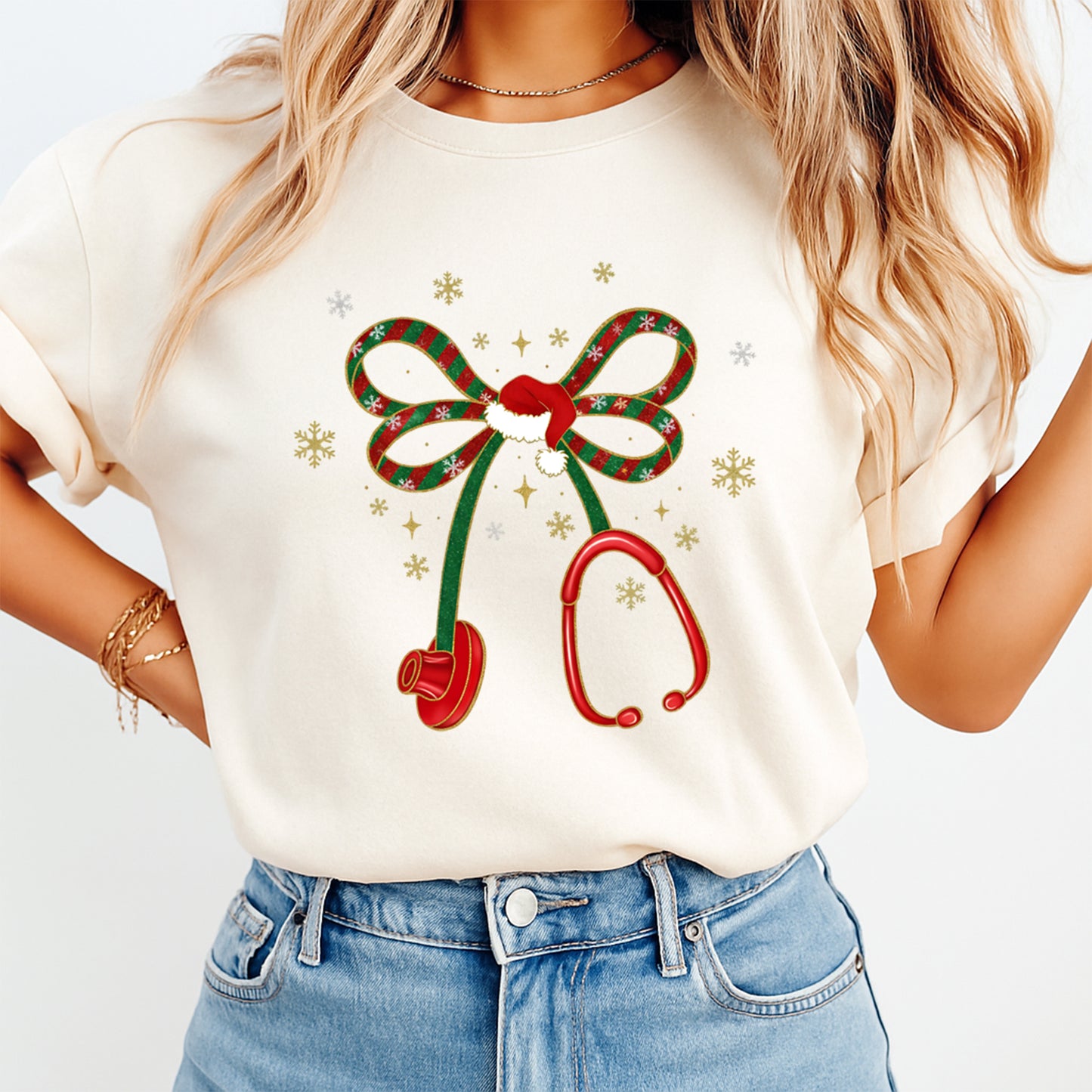 Christmas DTF Transfer – Nurse Stethoscope Bow with Santa Hat Ready to Press Iron On Heat Transfer for DIY Shirts 11747