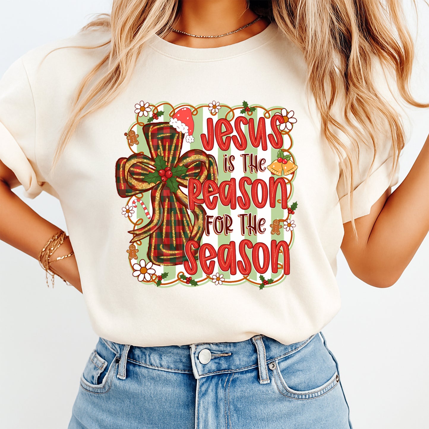 Christmas DTF Transfer – Jesus Is the Reason for the Season Cross with Plaid Bow Ready to Press Iron On Heat Transfer for DIY Shirts 11748
