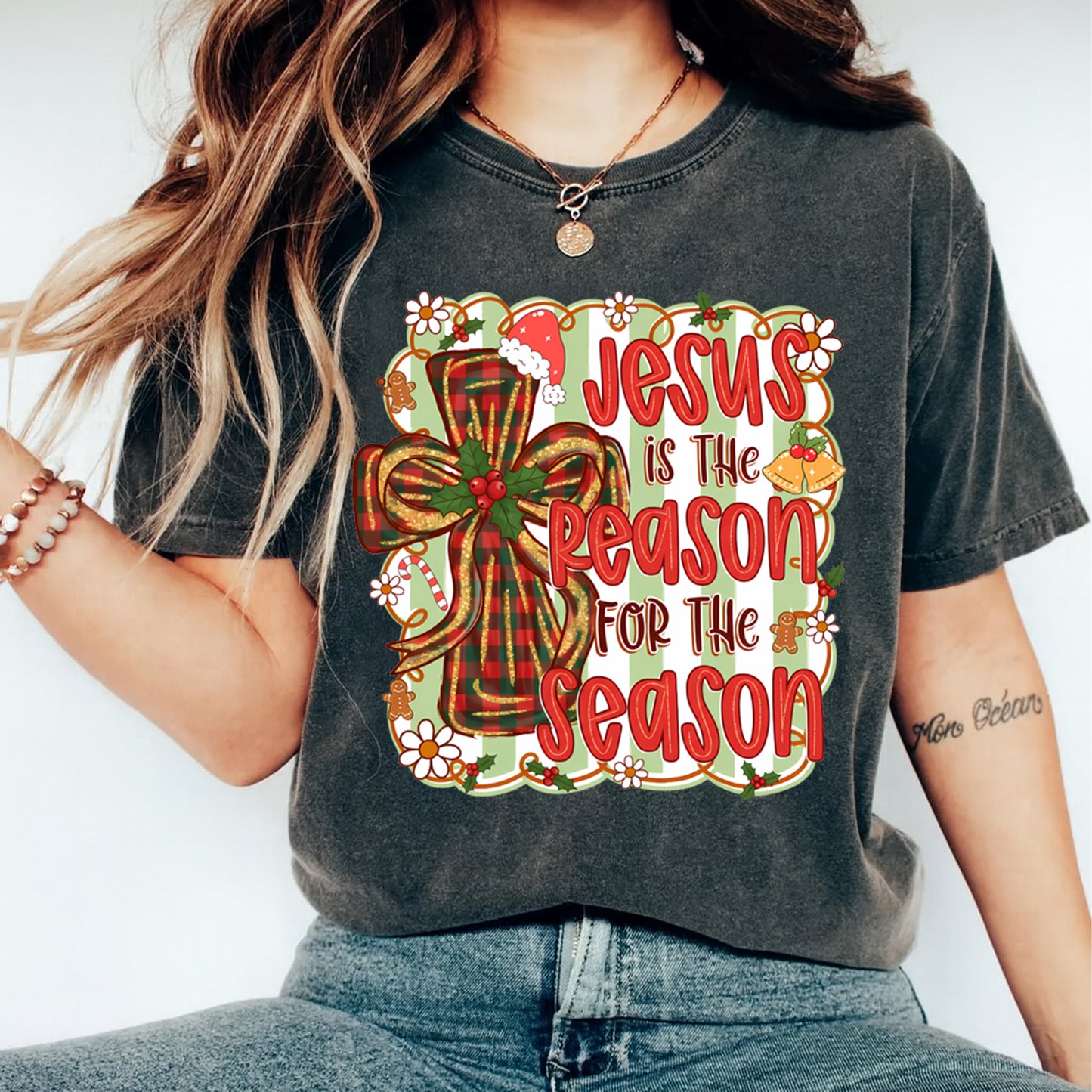 Christmas DTF Transfer – Jesus Is the Reason for the Season Cross with Plaid Bow Ready to Press Iron On Heat Transfer for DIY Shirts 11748