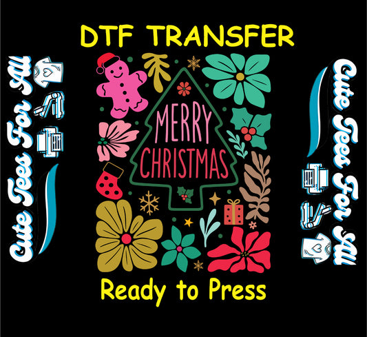 merry christmas tree with gingerbread and florals ready to press dtf transfer iron on heat transfer diy shirts