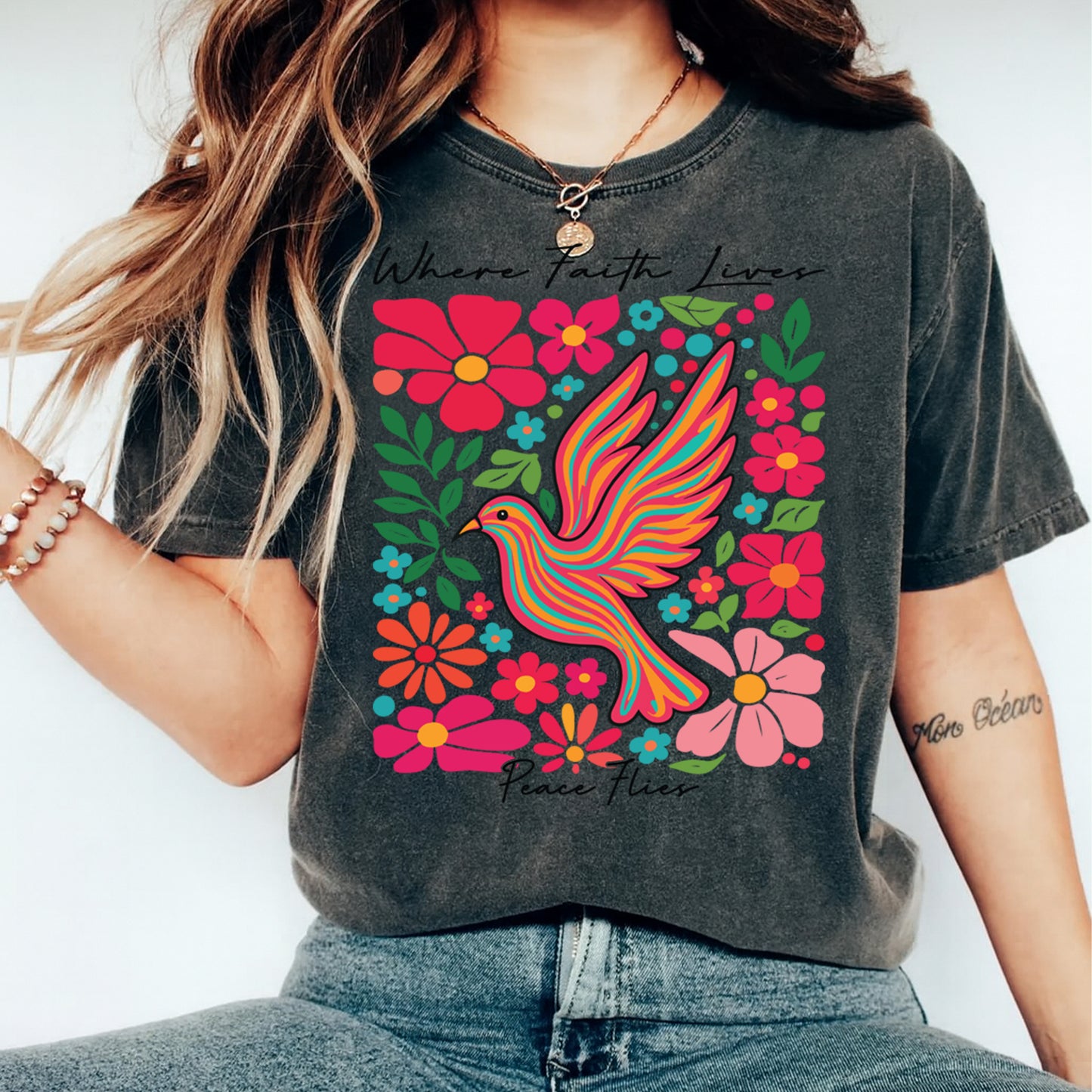 Colorful Dove DTF Transfer – Peace and Joy Floral Bird Ready to Press Iron On Heat Transfer for DIY Shirts 11753