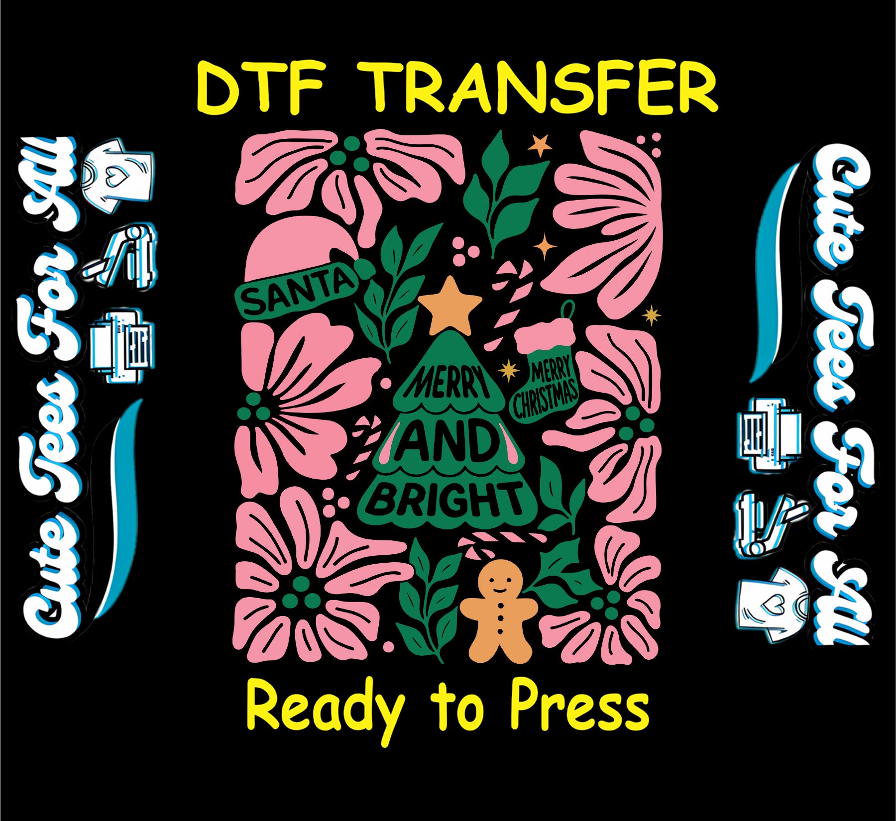 merry and bright christmas tree with pink florals and gingerbread ready to press dtf transfer iron on heat transfer diy shirts