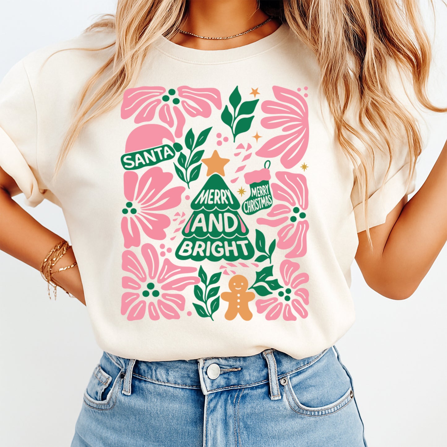 Christmas DTF Transfer – Merry and Bright Tree with Pink Florals and Gingerbread Ready to Press Iron On Heat Transfer for DIY Shirts 11754