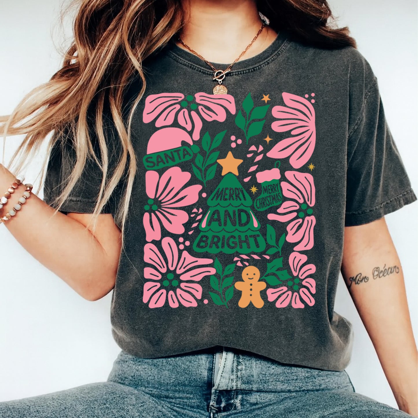 Christmas DTF Transfer – Merry and Bright Tree with Pink Florals and Gingerbread Ready to Press Iron On Heat Transfer for DIY Shirts 11754