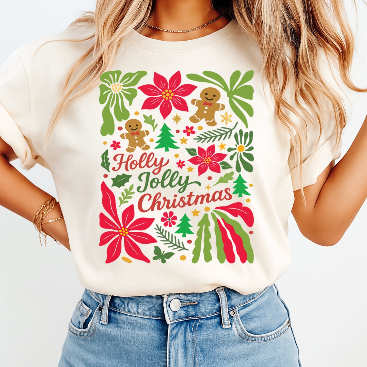 Christmas DTF Transfer – Holly Jolly Christmas with Poinsettias and Gingerbread Ready to Press Iron On Heat Transfer for DIY Shirts 11755