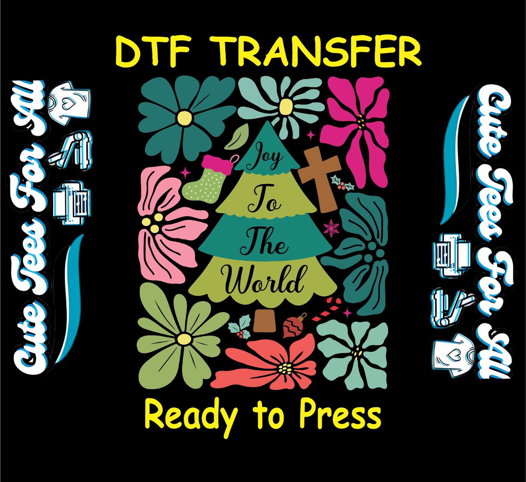 joy to the world christmas tree with cross and florals ready to press dtf transfer iron on heat transfer diy shirts