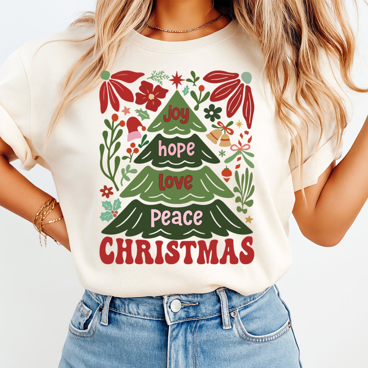 Christmas DTF Transfer – Joy Hope Love Peace Christmas Tree with Holiday Florals Ready to Press Iron On Heat Transfer for DIY Shirts 11758