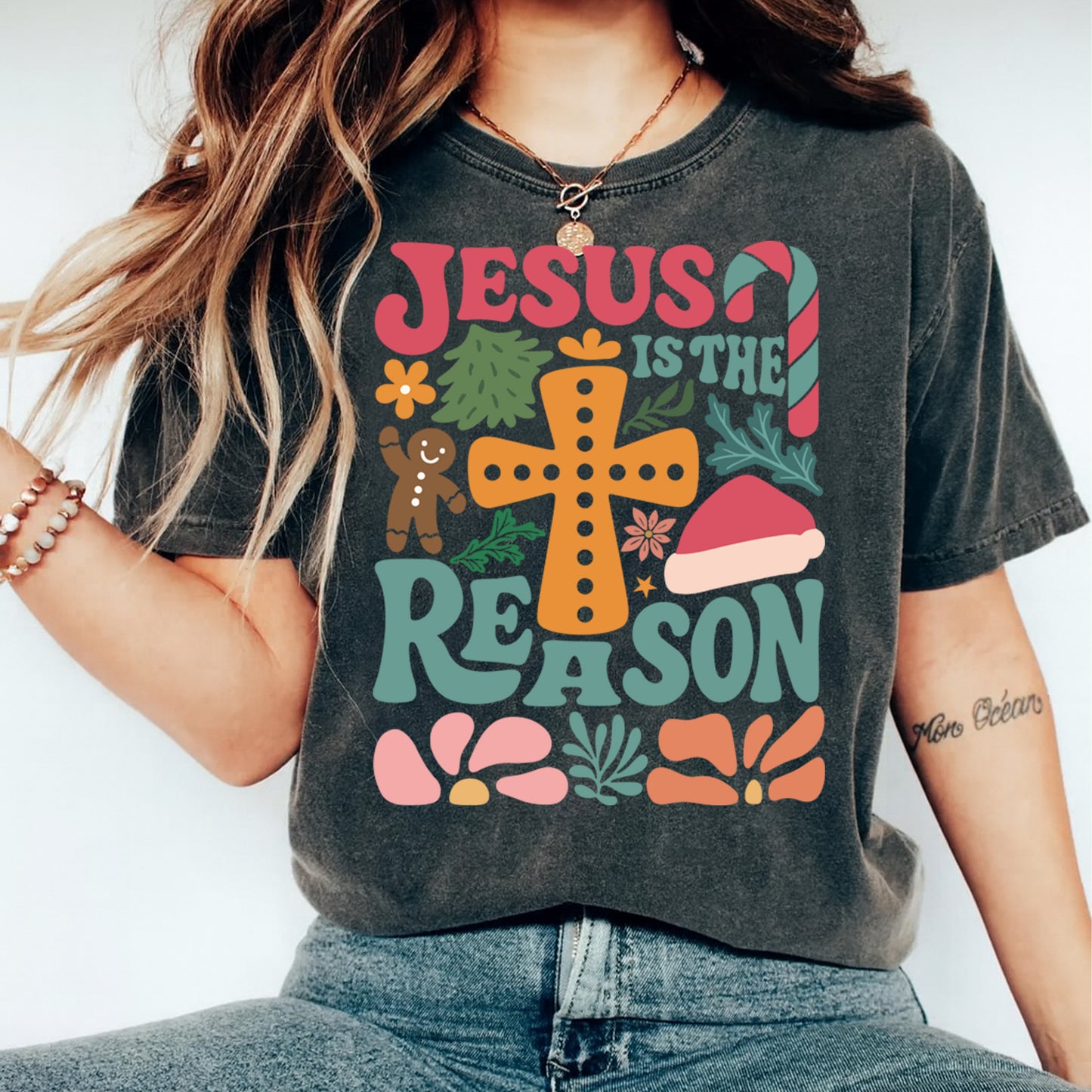 Christmas DTF Transfer – Jesus Is the Reason Cross & Holiday Icons Ready to Press Iron On Heat Transfer for DIY Shirts 11759