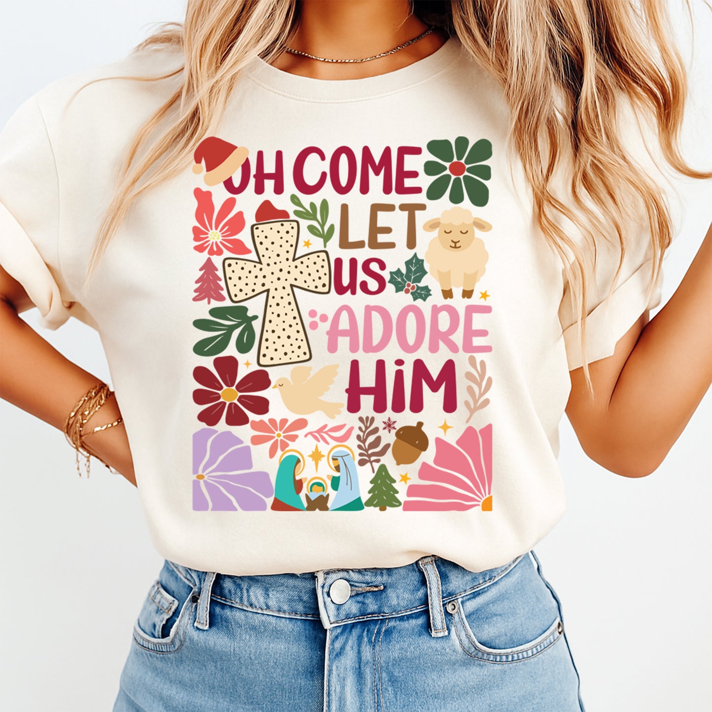 Christmas DTF Transfer – Oh Come Let Us Adore Him Nativity Cross & Holiday Icons Ready to Press Iron On Heat Transfer for DIY Shirts 11760