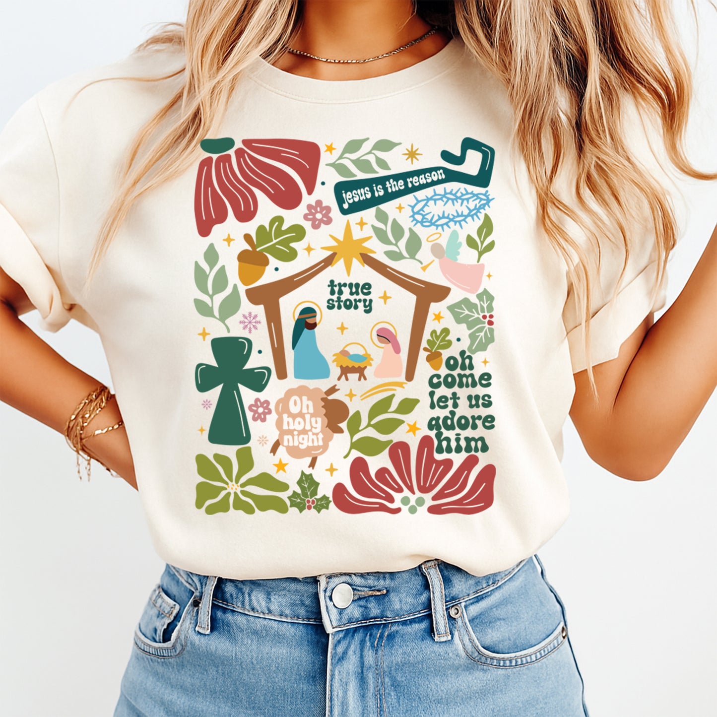 Christmas DTF Transfer – True Story Nativity with Jesus Is the Reason & Oh Holy Night Ready to Press Iron On Heat Transfer for DIY Shirts 11761