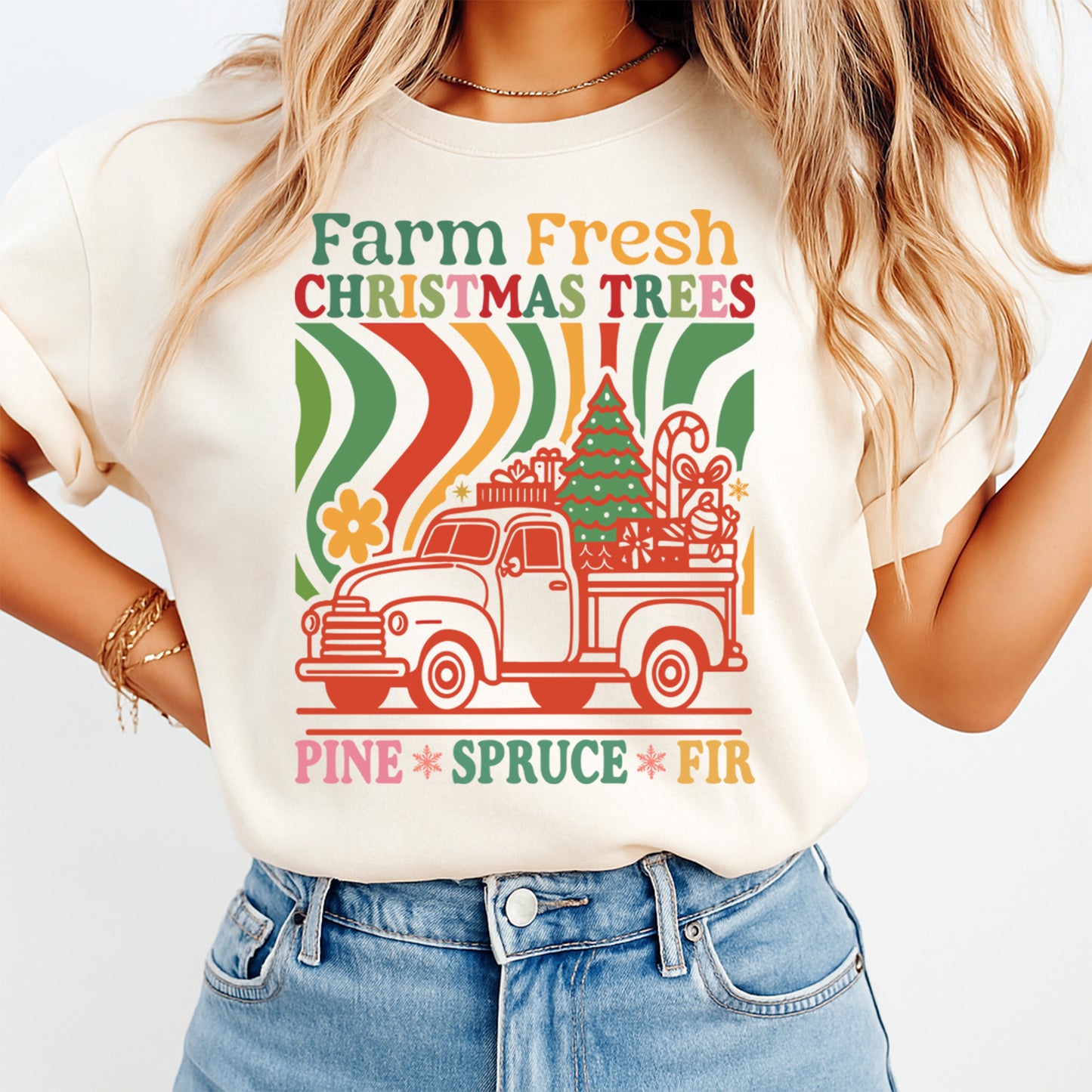 Christmas DTF Transfer – Farm Fresh Christmas Trees Retro Truck Pine Spruce Fir Ready to Press Iron On Heat Transfer for DIY Shirts 11762