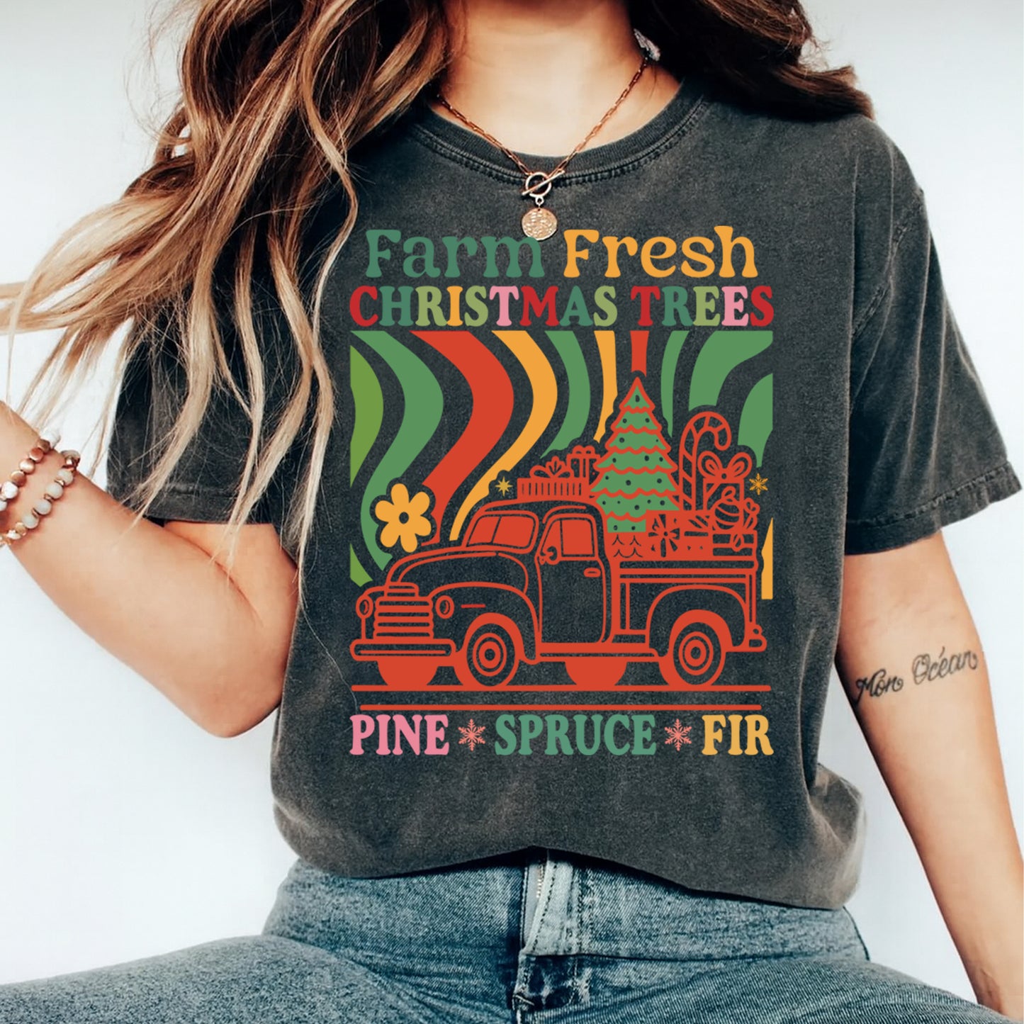 Christmas DTF Transfer – Farm Fresh Christmas Trees Retro Truck Pine Spruce Fir Ready to Press Iron On Heat Transfer for DIY Shirts 11762