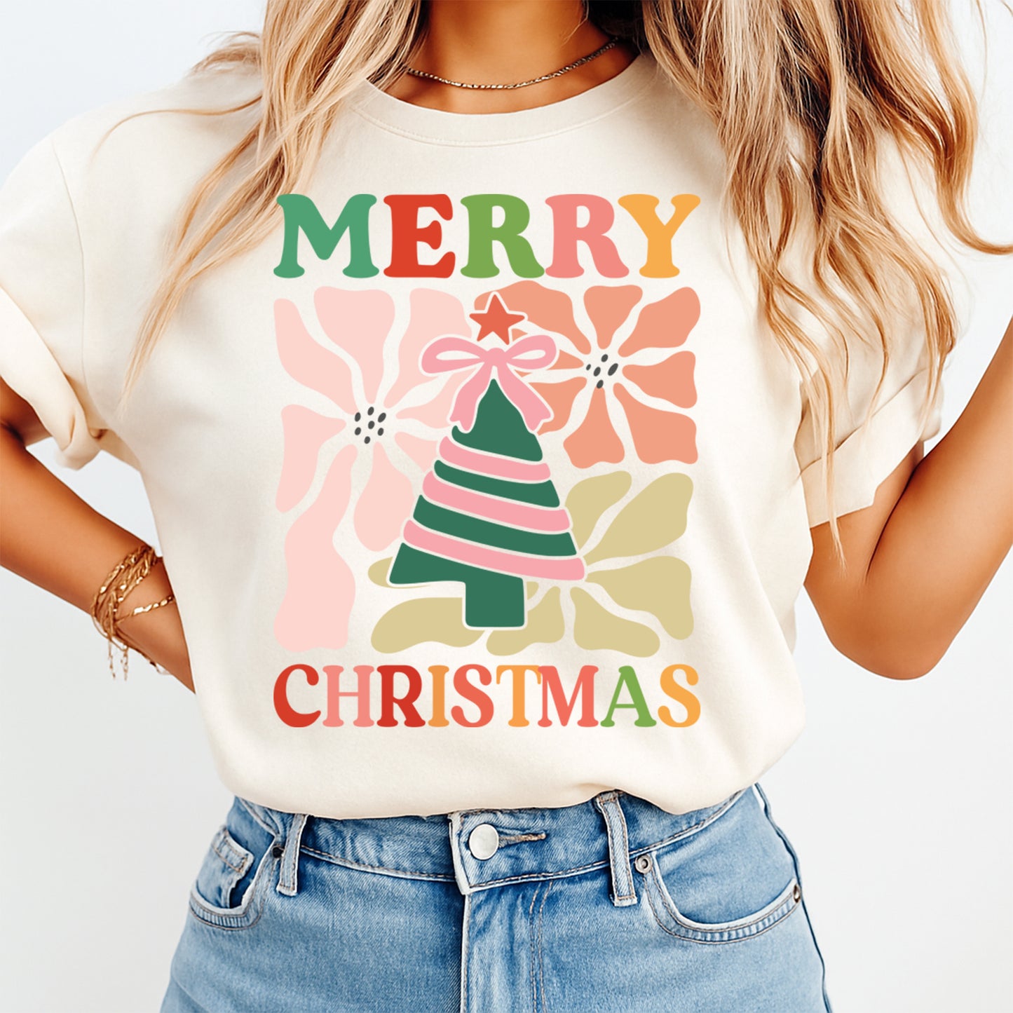 Christmas DTF Transfer – Merry Christmas Tree with Bow & Retro Flowers Ready to Press Iron On Heat Transfer for DIY Shirts 11767