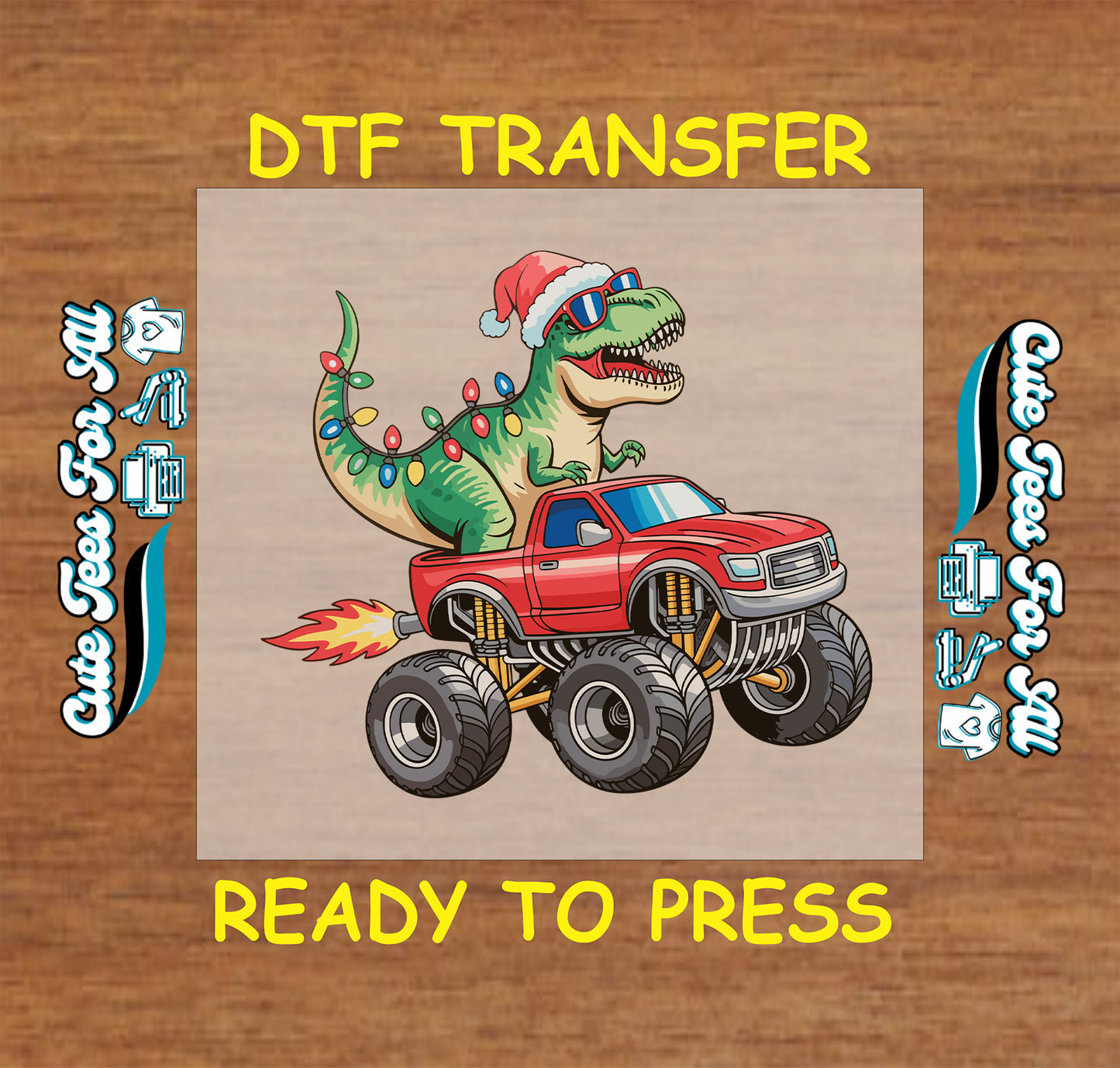 Christmas ready to press DTF transfer with Santa T-Rex in monster truck and Christmas lights