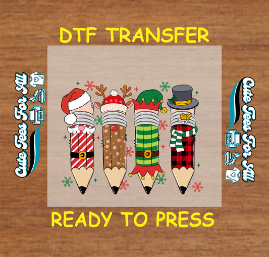 Christmas teacher ready to press DTF transfer with Santa, reindeer, elf, and snowman pencils and snowflakes