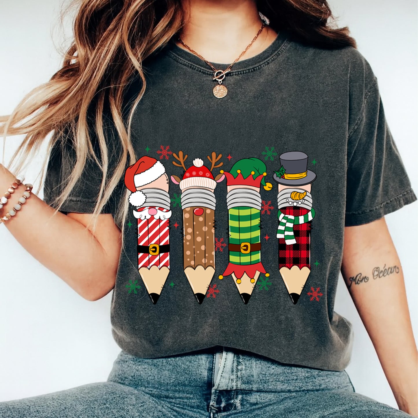 Christmas Teacher DTF Transfer – Santa Reindeer Elf Snowman Pencils Ready to Press Iron On Heat Transfer for DIY Shirts 11769