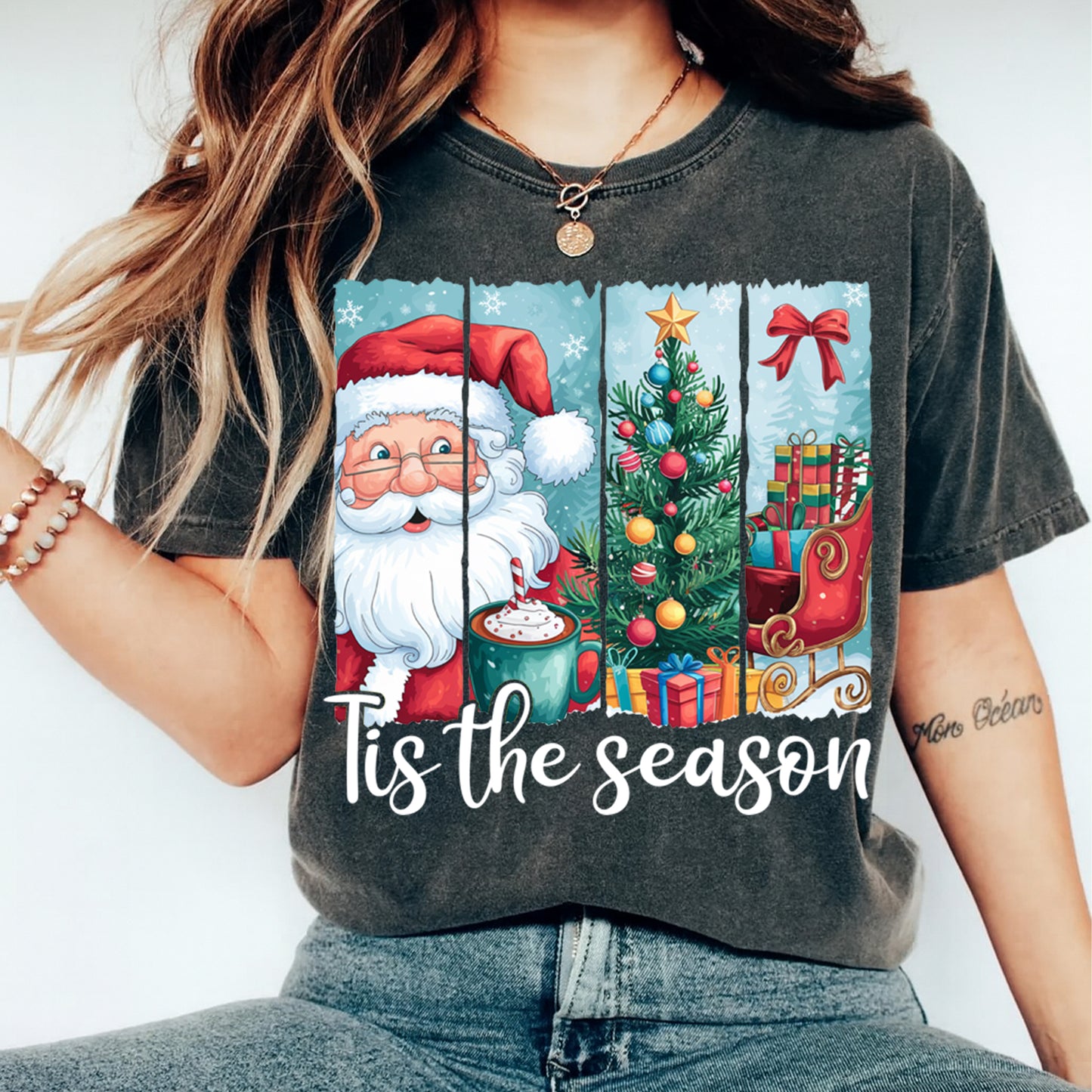 Christmas DTF Transfer – Tis the Season Santa Tree & Gifts Ready to Press Iron On Heat Transfer for DIY Shirts 11770