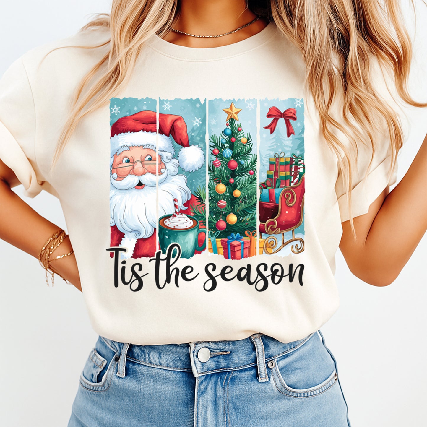 Christmas DTF Transfer – Tis the Season Santa Tree & Sleigh Ready to Press Iron On Heat Transfer for DIY Shirts 11771