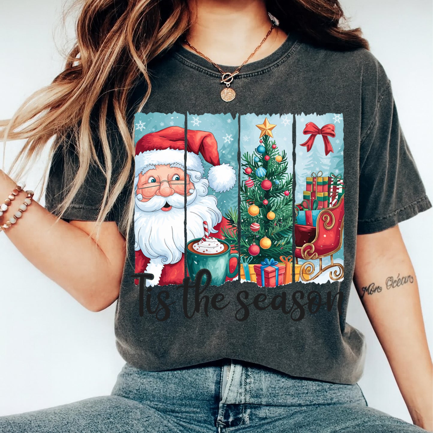 Christmas DTF Transfer – Tis the Season Santa Tree & Sleigh Ready to Press Iron On Heat Transfer for DIY Shirts 11771