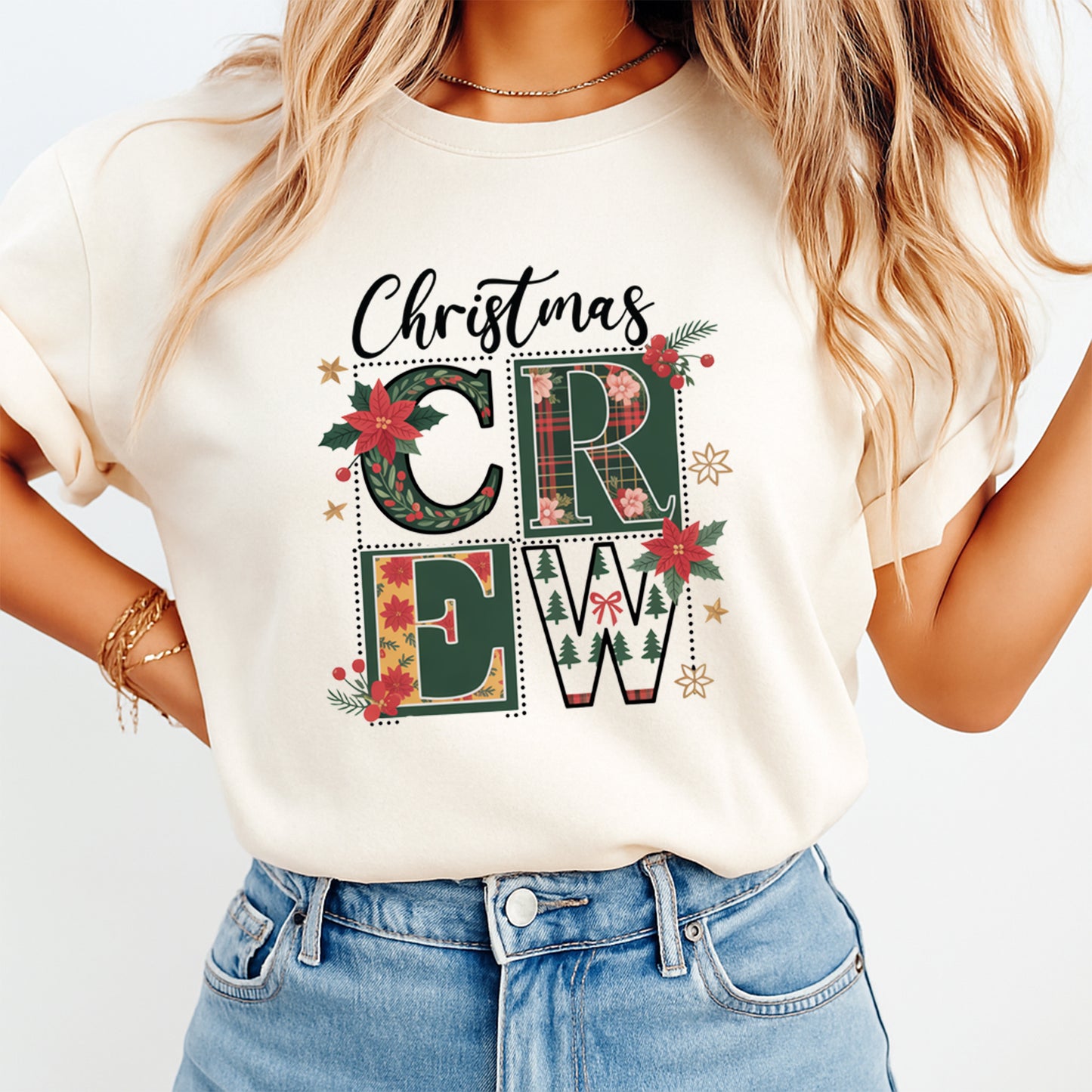 Christmas DTF Transfer – Christmas Crew Plaid Floral Letters Ready to Press Iron On Heat Transfer for DIY Shirts 11775