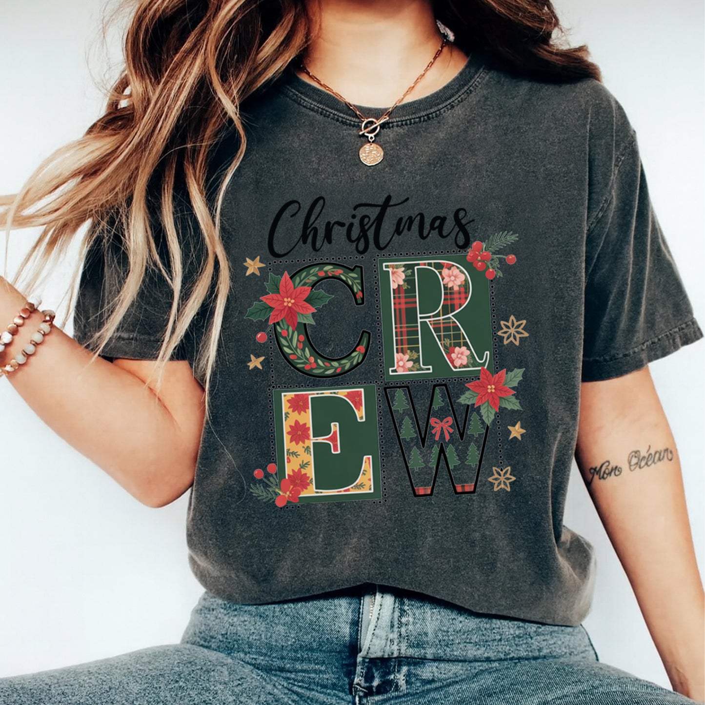 Christmas DTF Transfer – Christmas Crew Plaid Floral Letters Ready to Press Iron On Heat Transfer for DIY Shirts 11775