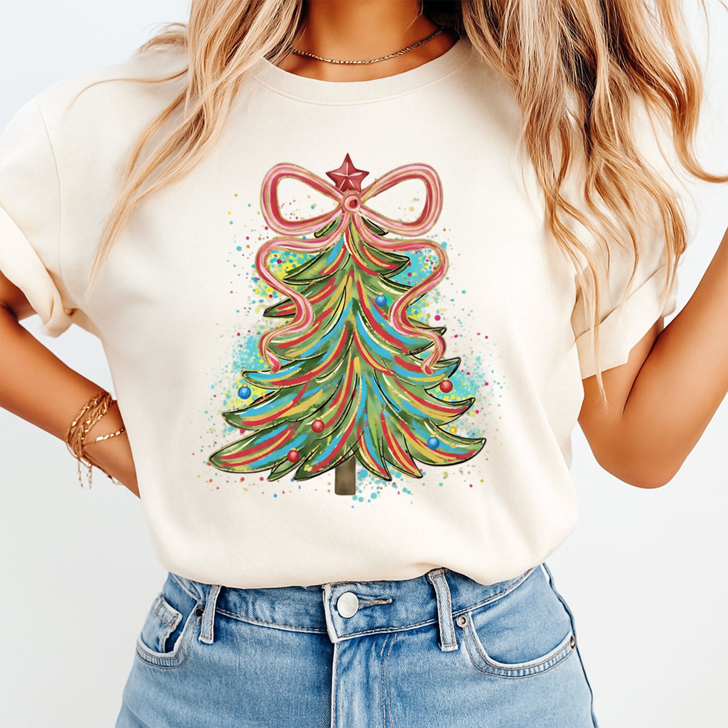 Christmas DTF Transfer – Whimsical Ribbon Tree with Star Topper Ready to Press Iron On Heat Transfer for DIY Shirts 11776