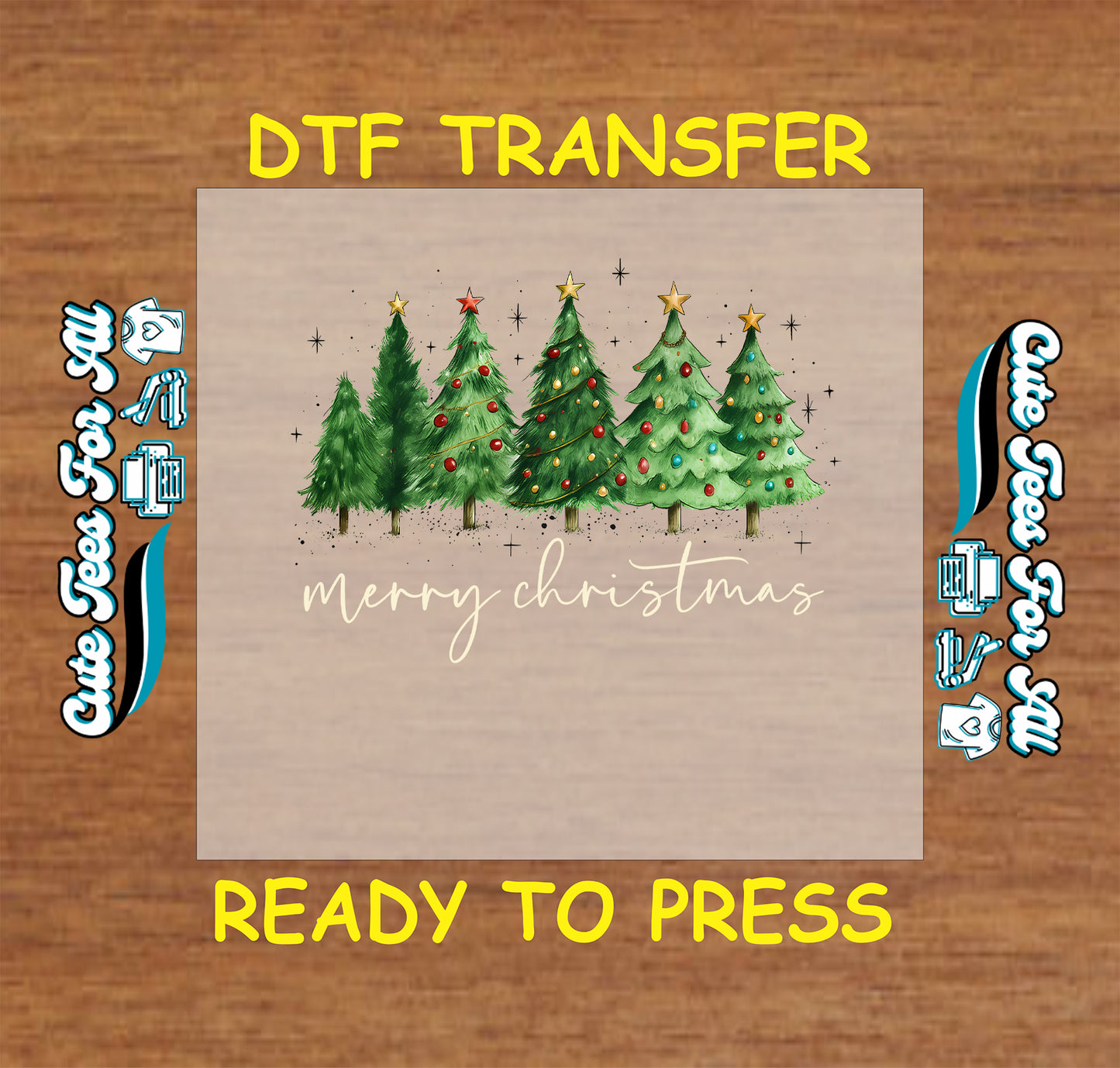 Merry Christmas watercolor ready to press DTF transfer with five decorated trees and handwritten text