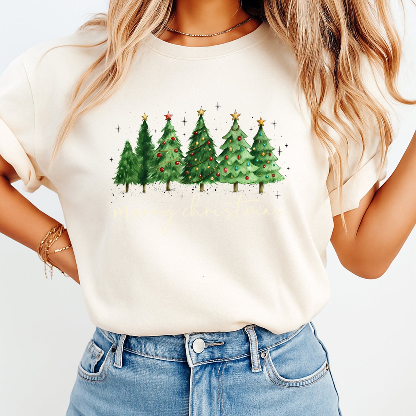 Christmas DTF Transfer – Merry Christmas Five Trees Watercolor Ready to Press Iron On Heat Transfer for DIY Shirts 11777